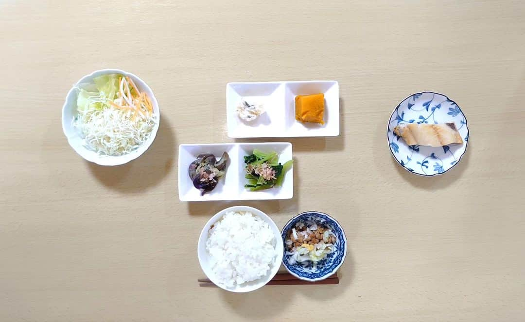 松野行秀のインスタグラム：「【備忘録🖌️〜本日の相方の制限食メニュー🥢〜】  (朝食) ○サラダ ○小松菜のお浸し ○茄子のお浸し ○かぼちゃ煮 ○山海漬け ○ほっけの塩焼き ○納豆 ○ご飯  たんぱく質16.0g 塩分1.7g カリウム480mg  (昼食) ○トースト ○牛乳  たんぱく質14.5g 塩分1.2g カリウム430mg  (夕食) ○ナスのお浸し ○甘唐辛子焼き ○エリンギのペペロンチーノ ○刺身こんにゃく ○ぶり照り焼き ○ご飯 ○梨 ○蜂蜜羊羹  たんぱく質16.5g 塩分1.7g カリウム530mg  #カロリーSlism https://calorie.slism.jp/  #男の手料理 #典座日記 #腎臓病制限食 #減塩 #低たんぱく #低カリウム #先行的腎移植延期 #保存療法」