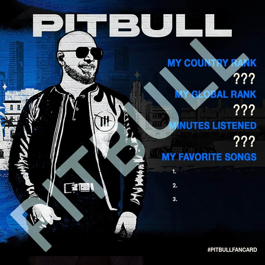 ピットブルのインスタグラム：「Wanted: the ultimate Pitbull top fan. Is it you? Get your customized #PitbullFanCard at radi.al/pitbullfancard」