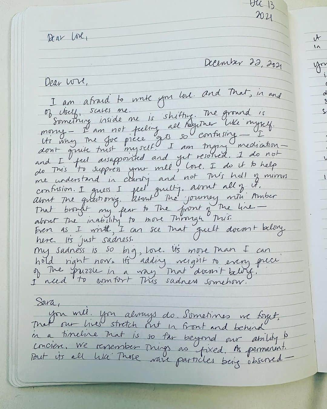 サラ・バレリスのインスタグラム：「I am revisiting my journal from 2 days after starting medication. I took advice from @elizabeth_gilbert_writer and wrote letters to Love, and then wrote back to myself in Love’s voice. It is amazing to read this again years later and light years happier. For anyone struggling- you are not alone and it moves like waves- Love told me that. She was right.   “Sometimes we forget that our lives stretch out in front and behind in a timeline that is so far beyond our ability to conceive. We remember things as fixed. As permanent. But it’s all like those waves particles being observed- it stops for a moment to let you see what’s in motion. But as soon as you look away… It moves again. You will sort it all out. You have no possible outcome in your life that leaves you in this place. Emotionally or mentally or physically. You are a wave, my darling, and you are observing yourself with such a critical eye, you have become a little self-conscious. Your thinking mind needs to rest. You need to rest. Choose it. Every small gesture of it will be important for your recovery. I say recovery on purpose. You are in recovery– reclaiming, re-designing, repurposing. You are becoming, again. A new. Another. A different.  There is a death here, and that is bringing sadness- but you must make room for the joy, my dear one.  Reach for the joy and plant it in the scorched earth and as the weather changes yet again, they will rise into the wilderness and ask you to play.  Sweet girl- reach for joy and keep going. There is no judgment here. I love you now, I love you yesterday, I love you tomorrow. I love you. Forever.  Begin Again.”  ❤️✨🌱」