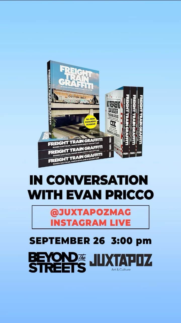 Juxtapoz Magazineのインスタグラム：「Join us for an exclusive Instagram Live event featuring Evan Pricco, Editor-In-Chief of Juxtapoz Magazine, and Roger Gastman, the founder of BEYOND THE STREETS and Co-Writer of Freight Train Graffiti Book.   Comment below your questions, as they will be answered live during the event!   Mark your calendars: September 26th at 3:00PM PST on @juxtapozmag account.  See you there!  @rogergastman @beyonthestreets @epricco @juxtapozmag  #Freighttraingraffiti #Juxtapoz #ArtTalk #Beyondthestreets」