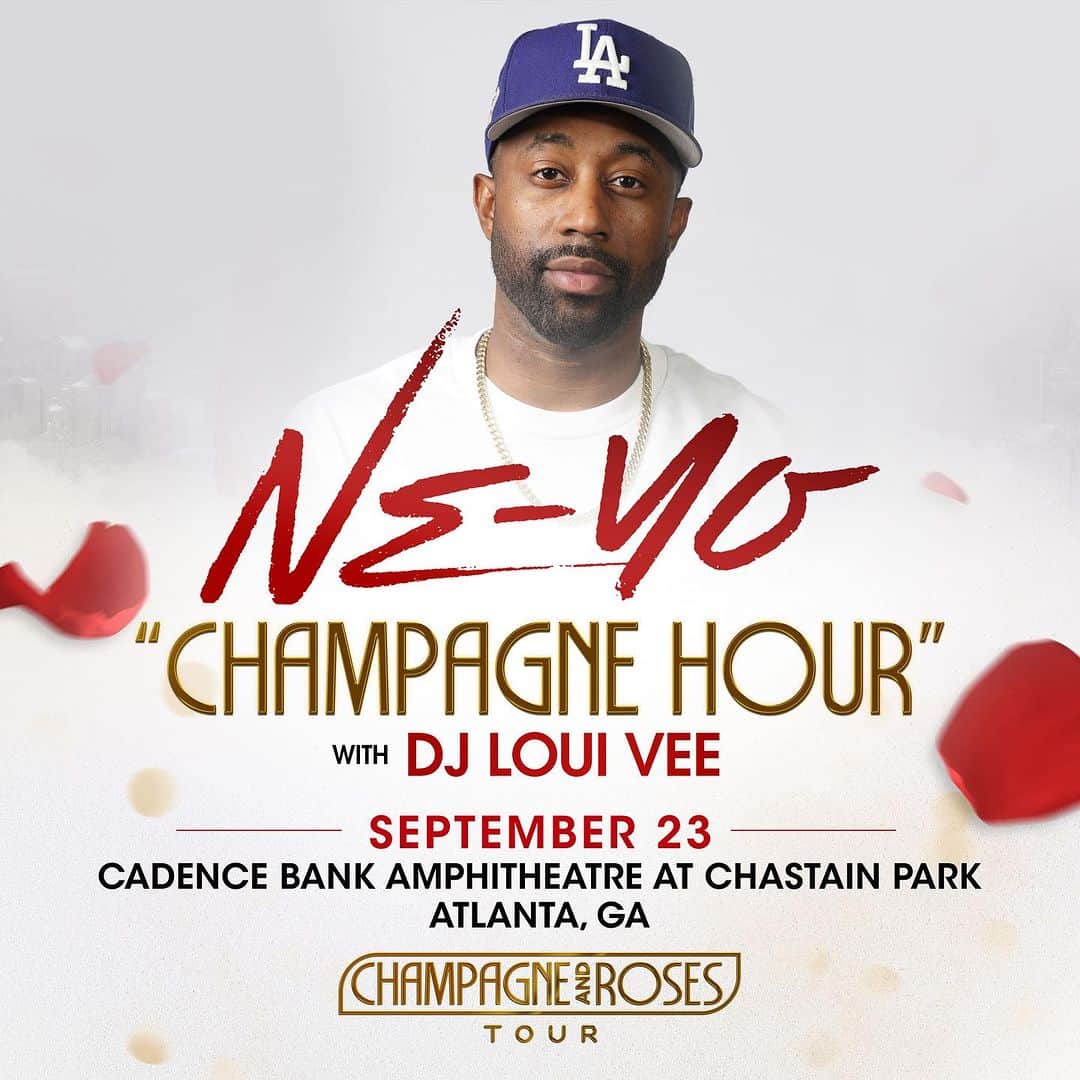 のインスタグラム：「ATL!! Don't miss #CHAMPAGNEHOUR hosted by @rawswagger with @djlouivee_atl on the ones and twos TONIGHT! Doors open at 6PM! Join the party on @twitch: Twitch.tv/neyo #ChampagneAndRosesTour 🥂🌹」