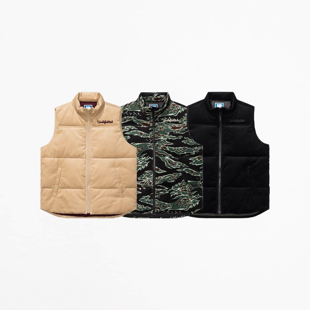 UNDFTDのインスタグラム：「A detailed look into UNDEFEATED FALL 23 - Drop 4  The UNDEFEATED Cord Vest is made from 100% cotton corduroy and is available in Black, Tiger Camo and Toast. The vest includes a filled poplin lining, zip pocketing, interior pocketing and chain stitched UNDEFEATED script on the left chest.  Available now, exclusively at all UNDEFEATED Chapter Stores and Undefeated.com」