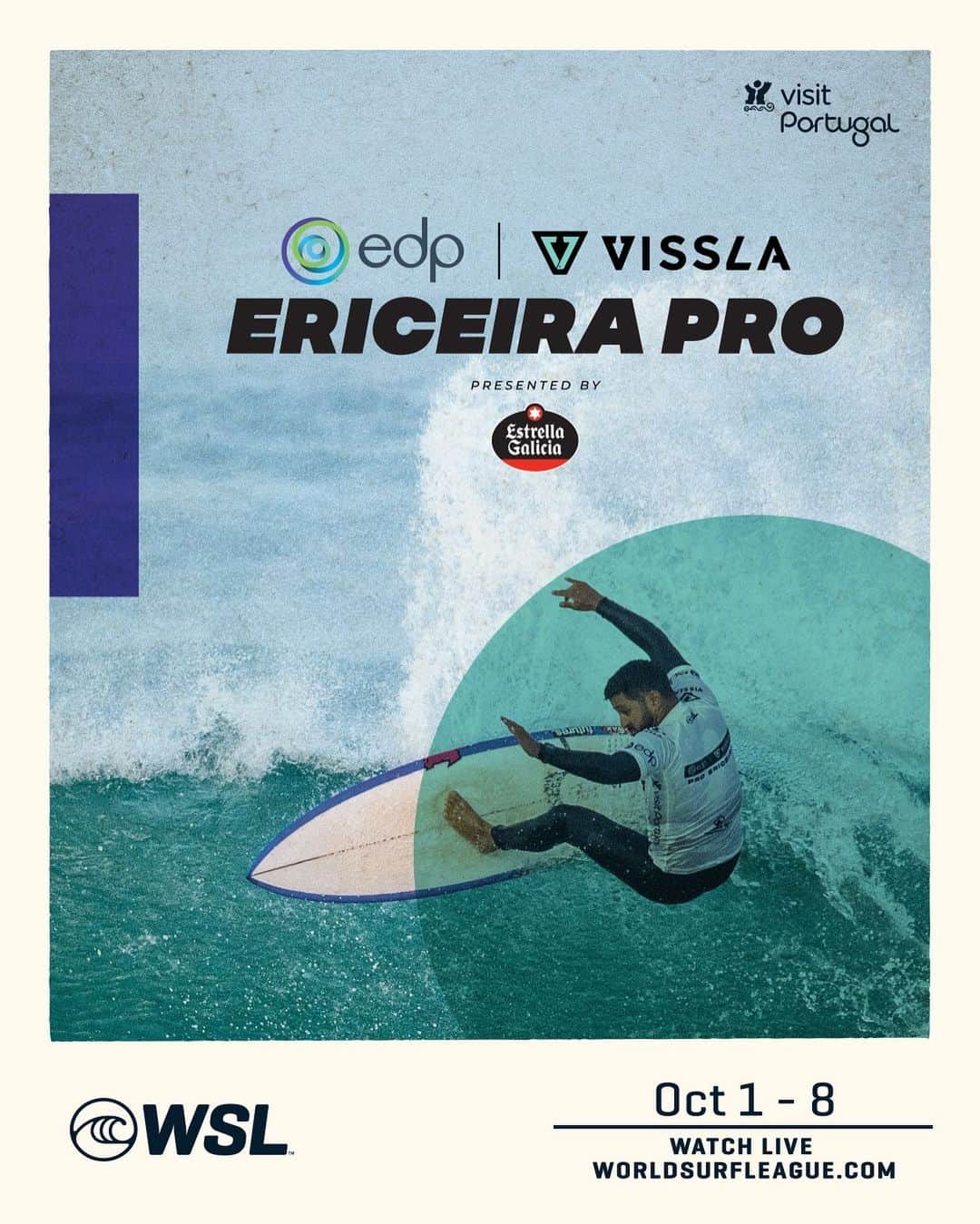 世界プロサーフィン連盟（WSL）のインスタグラム：「The fifth stop on the 2023 Challenger Series is right around the corner! Watch the EDP Vissla #EriceiraPro, Oct 1-8 on worldsurfleague.com. @edp.global @visslasurf @visitportugal」