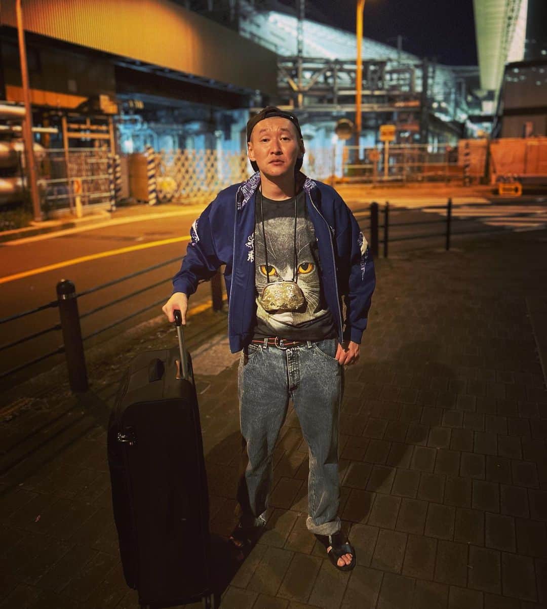 のインスタグラム：「今日の服装。 NGK本公演とビスブラさんのコントライブの日。  不機嫌そうな猫のTシャツに肌寒さ逃れる健康のジャージ。 BOBSONのケミカルデニム。 明治乳業の帽子に黒の便所サンダルと金のがま口でキャリーバッグパンパンにコント道具。  朝イチの新幹線でNGK出させて頂いて夜のビスブラさんのコントライブまでの合間に大好きな古着屋さん行けて嬉しかったです。 明日も早起きなので即座に寝ましょう。 大阪で竹馬に撮ってもらいました。 大阪竹馬ありがとう。  #今日着た服 #ファッション #古着 #ビスケットブラザーズさん #呼んでもらえて嬉しい #不機嫌そうな猫」