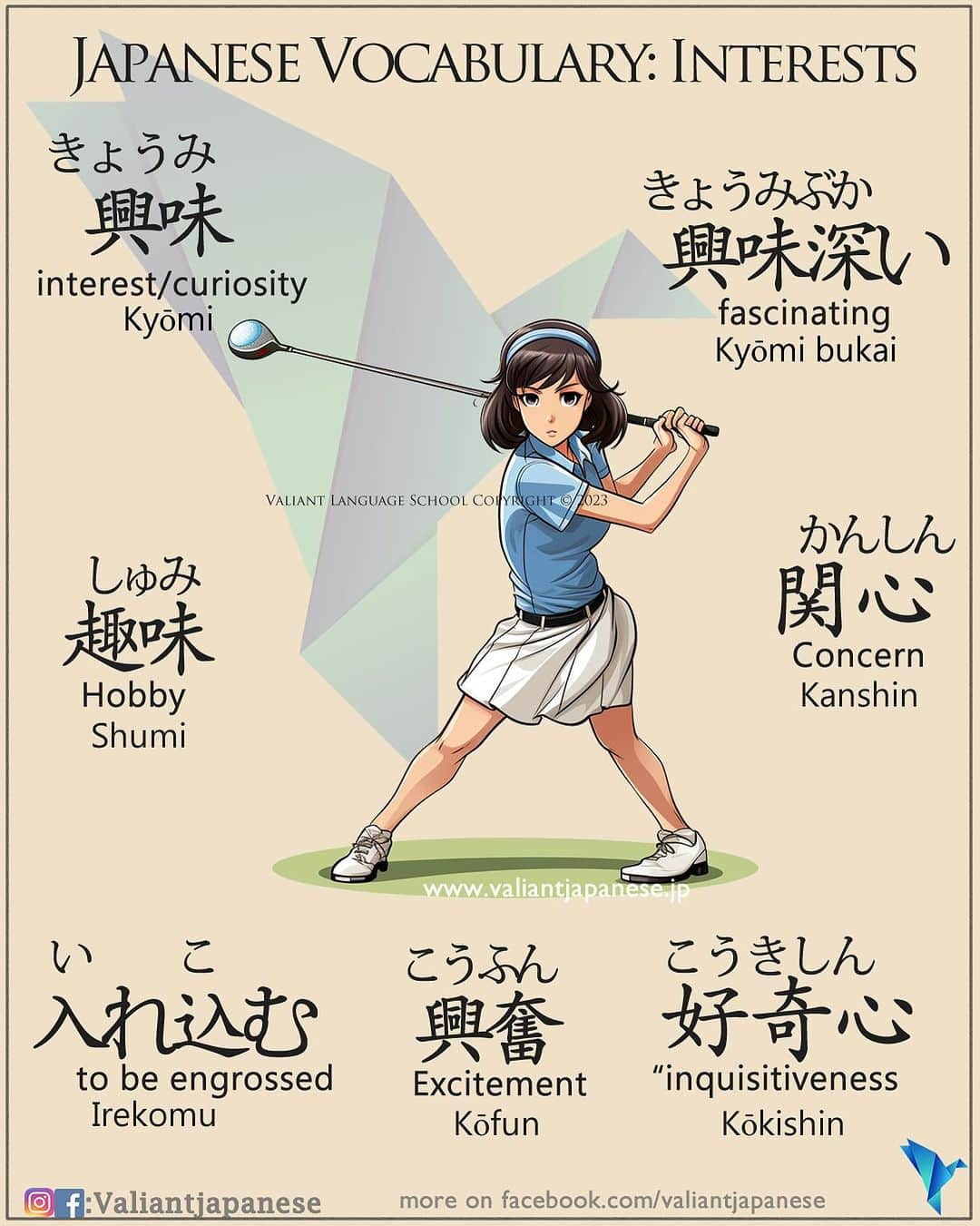 Valiant Language Schoolさんのインスタグラム写真 - (Valiant Language SchoolInstagram)「Example Sentences below 👇 New Group Lessons starting in October ⛩📓: Simple Japanese - Interests 📖🎾  	1.	興味 (Kyoumi) - Meaning: “interest” or “curiosity” 	•	Example Sentence: その本には私の興味を引く情報がたくさんあります。 (Sono hon ni wa watashi no kyoumi o hiku jouhou ga takusan arimasu.) 	•	Translation: That book contains a lot of information that piques my interest. 	2.	関心 (Kanshin) - Meaning: “concern” or “interest” 	•	Example Sentence: 彼は環境問題に深い関心を持っています。 (Kare wa kankyou mondai ni fukai kanshin o motteimasu.) 	•	Translation: He has a deep concern for environmental issues. 	3.	趣味 (Shumi) - Meaning: “hobby” or “interest” 	•	Example Sentence: 彼女の趣味は写真を撮ることです。 (Kanojo no shumi wa shashin o toru koto desu.) 	•	Translation: Her hobby is taking photographs. 	4.	興味深い (Kyoumi bukai) - Meaning: “interesting” or “fascinating” 	•	Example Sentence: その映画は興味深いストーリーを持っています。 (Sono eiga wa kyoumi bukai sutoorii o motteimasu.) 	•	Translation: That movie has an interesting storyline. 	5.	好奇心 (Koukishin) - Meaning: “curiosity” or “inquisitiveness” 	•	Example Sentence: 子供たちは常に新しいことに対する好奇心が旺盛です。 (Kodomotachi wa tsuneni atarashii koto ni tai suru koukishin gaousei desu.) 	•	Translation: Children always have a strong curiosity about new things. 	6.	利子 (Rishi) - Meaning: “interest” (in financial terms) 	•	Example Sentence: 銀行にお金を預けると、利子をもらえます。 (Ginkou ni okane o azukeru to, rishi o moraemasu.) 	•	Translation: When you deposit money in a bank, you can earn interest. 	7.	興奮 (Koufun) - Meaning: “excitement” or “enthusiasm” 	•	Example Sentence: 彼の興奮が感染して、私もワクワクしてきた。 (Kare no koufun ga kansen shite, watashi mo wakuwaku shitekita.) 	•	Translation: His excitement is contagious, and I’m getting excited too. 	8.	入れ込む (Irekomu) - Meaning: “to be engrossed” or “to be deeply involved” 	•	Example Sentence: 彼は音楽制作に入れ込んでいます。 (Kare wa ongaku seisaku ni irekondeimasu.) 	•	Translation: He is deeply involved in music production.」9月24日 19時04分 - valiantjapanese