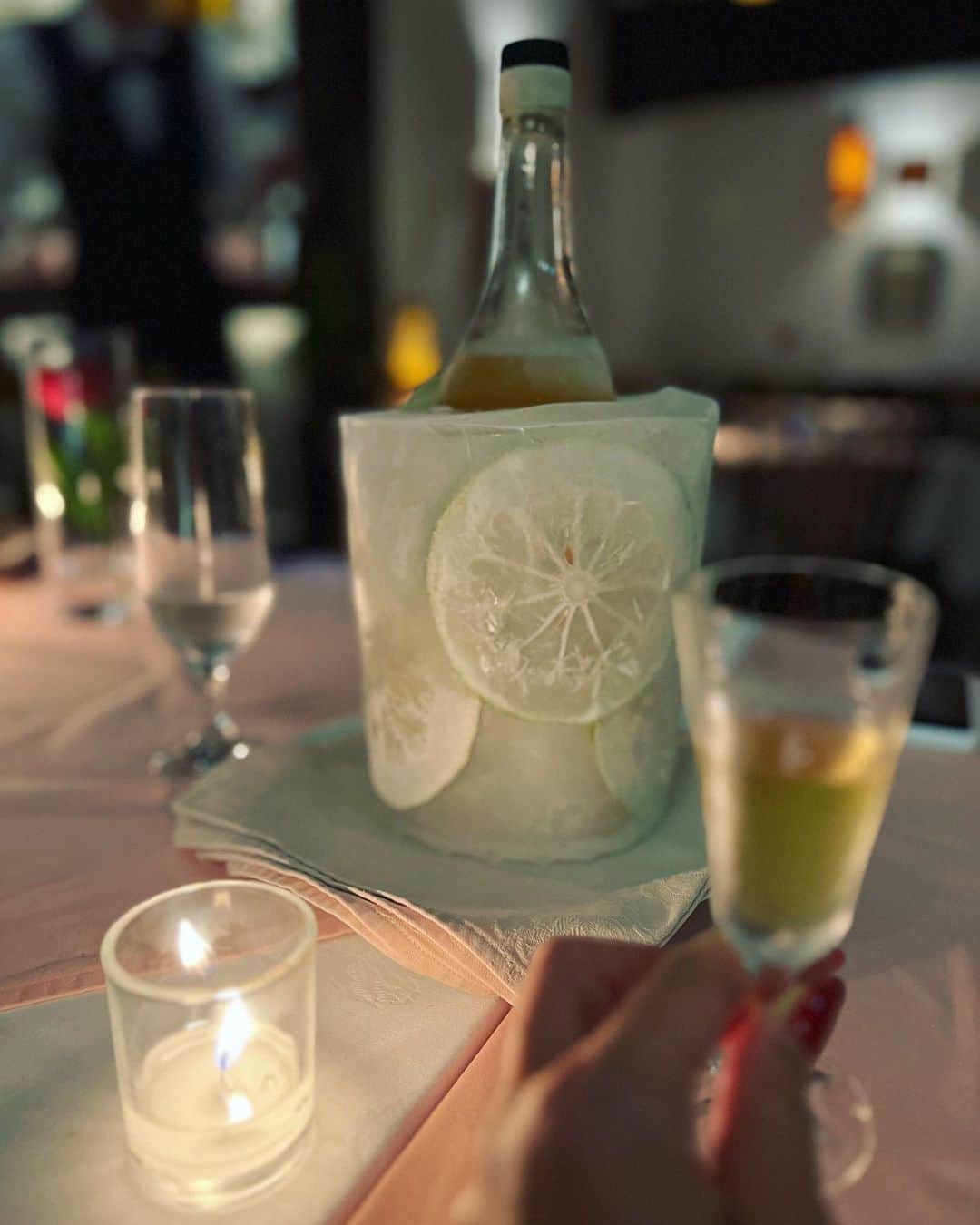 廣瀬規子のインスタグラム：「とある日、  大切な家族のBirthday Dinner 🍽️ ✨  手作りレモンチェッロが美味しいこと😲🫢😋 そして、ボトルを囲む氷が最高に可愛かった🥹💕  さぁ、明日からまた一週間。 今と前を見つめて、楽しもう✊💕」