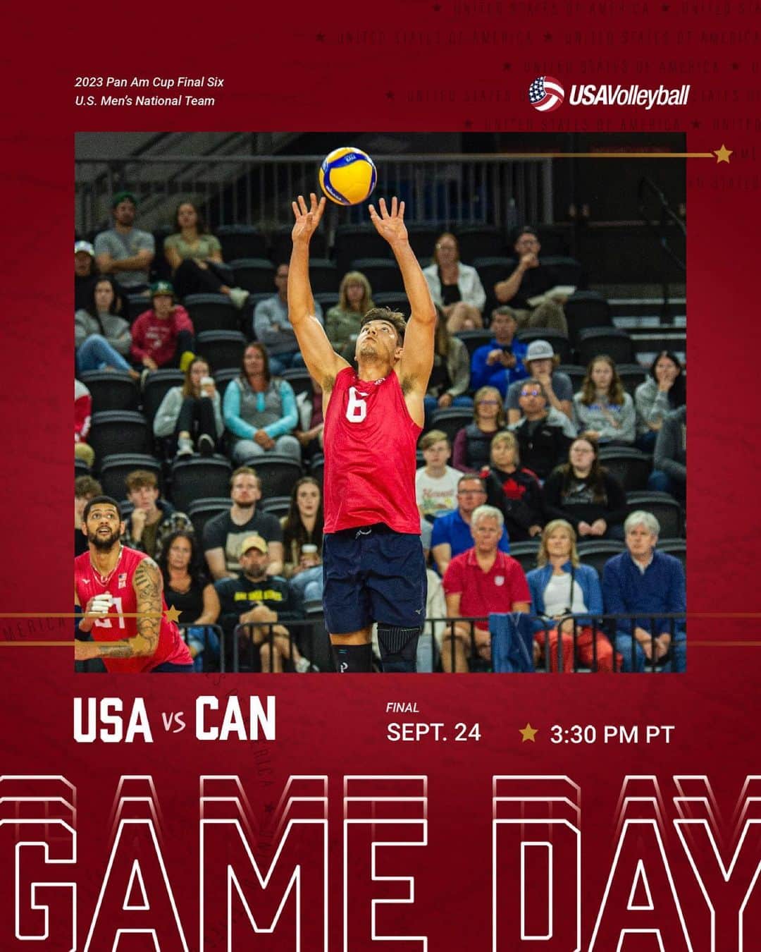 USA Volleyballさんのインスタグラム写真 - (USA VolleyballInstagram)「Go for the gold! 🇺🇸 🆚 🇨🇦  The U.S. Men’s National Team faces Canada to decide the winner of the 2023 Pan Am Cup Final Six! Match begins at 3:30 pm PT. Streaming link and more game info at the link in bio」9月25日 6時26分 - usavolleyball
