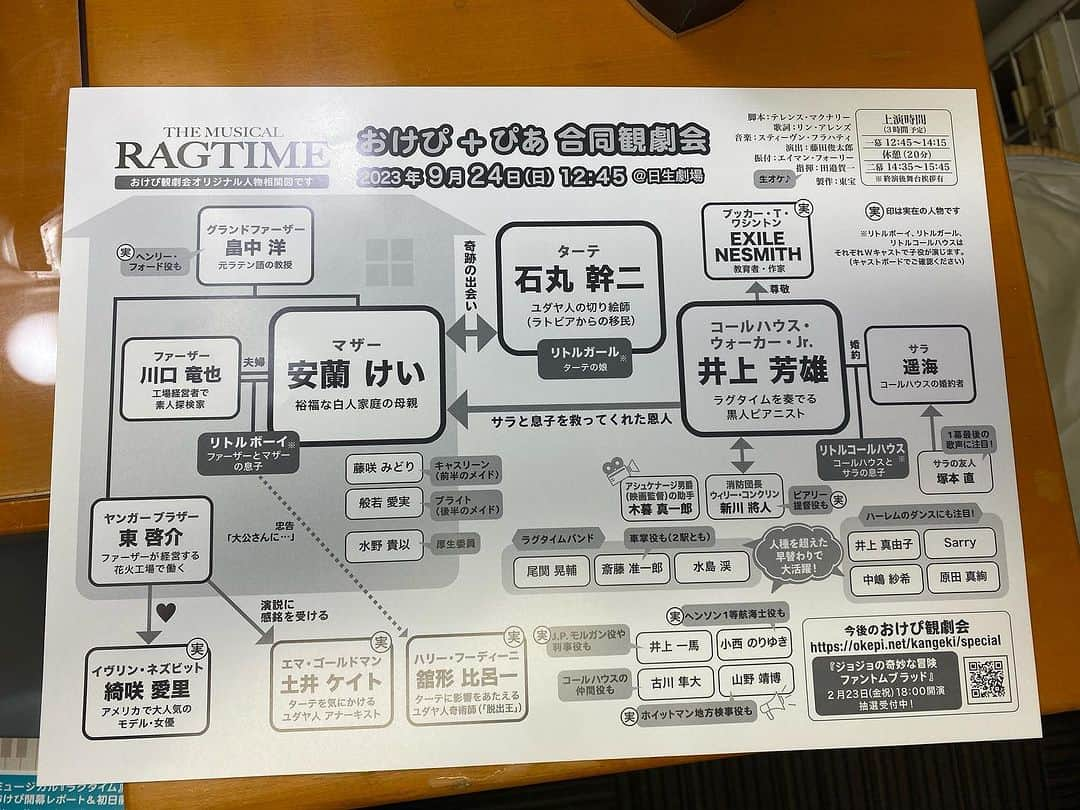 安蘭けいさんのインスタグラム写真 - (安蘭けいInstagram)「チケットぴあさんとおけぴさんの貸切公演で、こんな物を作ってくださいました！ わかりやすーい👌 アンサンブルの皆さんの役どころや見どころも書いてあって、これは親切だ😊👍 観劇会への『愛』を感じました❤️ ありがとうございました♪  さあ、今日は2回公演‼️ ご観劇ありがとうございます♪  #ラグタイム #チケットぴあ #おけぴ #貸切公演 #ありがとうございました #今日はマチソワ #涼しくなってきましたね #体調崩されませんように」9月25日 11時32分 - toko_aran