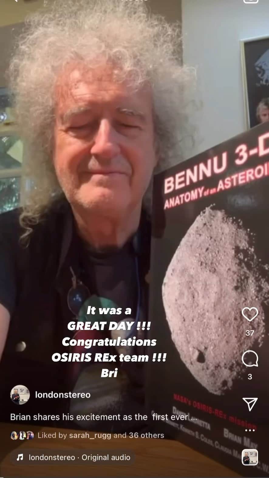 ブライアン・メイのインスタグラム：「Fantastic result !!! Historic day !!! Successful sampling of an asteroid’s surface material delivered safely to Earth. Bri」