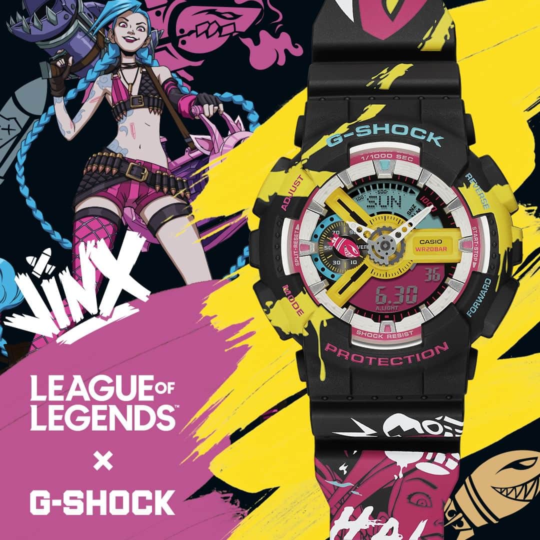 G-SHOCKのインスタグラム：「LEAGUE OF LEGENDS × G-SHOCK  世界的な大人気オンラインゲーム「リーグ・オブ・レジェンド」とのコラボレーションモデルは趣の異なる2型をラインナップ。裏蓋やバンドにはリーグ・オブ・レジェンドのロゴが入り、パッケージもヘクステックをイメージした特別仕様に仕上げています。  The latest collaboration with the world's most popular online game "League of Legends" has a lineup of two different models. The back cover and band feature the League of Legends logo, and the packaging is also designed only for this special collaboration.  GA-110LL-1AJR GM-B2100LL-1AJR  @leagueoflegends   #g_shock #ga110 #gmb2100 #leagueoflegends #hextech #runeterra #jinx #ジンクス #リーグオブレジェンド #collaboration #watchoftheday」