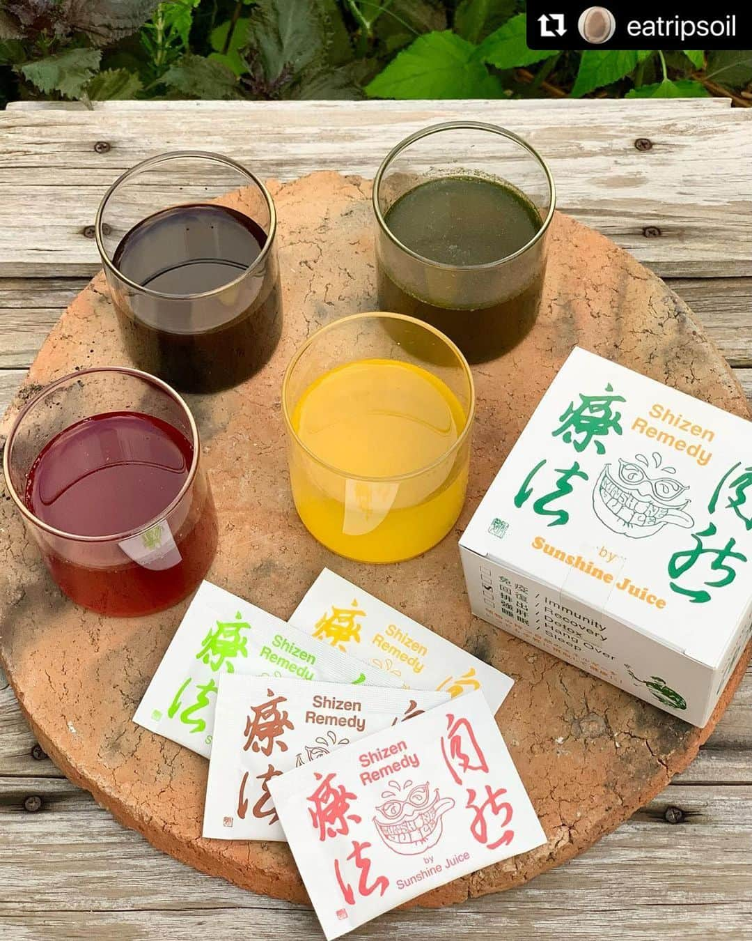 Sunshine Juiceのインスタグラム：「eatrip soil @eatripsoil でもサンシャインジュースの自然レメディをお取り扱いいただいています🌞  自然のエネルギーを手軽にチャージして健やかな秋をお迎えください！  Our Shizen Remedy available at @eatripsoil  4 different plants , 4 different flavors , 4 different effect. enjoy the plant prana!   #stayjuicy   #Repost @eatripsoil with @use.repost ・・・ . 雨や曇りの不安定な気候に左右される今日この頃、いかがお過ごしでしょうか。  今回はSUNSHINEJUICEさん(@sunshinejuicetokyo )の「自然レメディ」シリーズをご紹介します。  「自然レメディ」とは植物の成分が凝縮されたパウダーで、 1 )免疫、2 )回復、3 )排出、4 )強肝、の４種類のラインナップ。軽量で、いつでもどこでも自然の力を取り入れられるように開発された優れものです🌿  1 )チャーガ “免疫” チャーガは、「森のダイヤモンド」と呼ばれるほど発見が難しいキノコの一種です。なんと、アサイーの約30倍の抗酸化力と免疫力を向上させる効果があるそう。 シリーズの中でも少し苦味があるので、少量ずつ薄めて飲むことをオススメします。 お水や白湯、スムージーや温めたプラントベースのミルク、スープなどお好みで溶かしてお飲みください。  2 )ビーツ “回復” ビーツが持つ成分である「ナイトレイト」が血管を拡張し、血流を改善することにより疲労回復を促す効果があります。 さらにこの商品は、良質な国産ビーツのみを使い作られています。 疲れや体力の低下を感じる方は、日頃のケアに自然の力を取り入れてみてはいかがでしょうか。  3 )スギナ “排出” 天然薬草のスギナに含まれるクロロフィルには体内の余分な物質を排出する効果があると言われています。 お茶に近い味わいで飲みやすいため、このシリーズが初めての方は「スギナ」からお試しいただくのをオススメします。 白湯や水に溶かしてスギナ茶としても楽しめます。  4 )ウコン “強肝” ウコンが持つ「クルクミン」という成分がアルコール分解を促進して肝機能を活性化させる効果があります。 出張先や旅行先でも活躍してくれること間違い無しです！  台風や季節の移ろいによる環境の変化への適応に加え、「食欲の秋」「スポーツの秋」というように、私たちの身体は何かと忙しい時期に入ります。  自然レメディで秋を全力で楽しめる身体環境を整えてみてはいかがでしょうか🍁  店頭とeatrip soilのオンラインショップで販売中です！  (kaito)  @sunshinejuicetokyo  @eatripjournal  @eatripsoil  #自然レメディ」