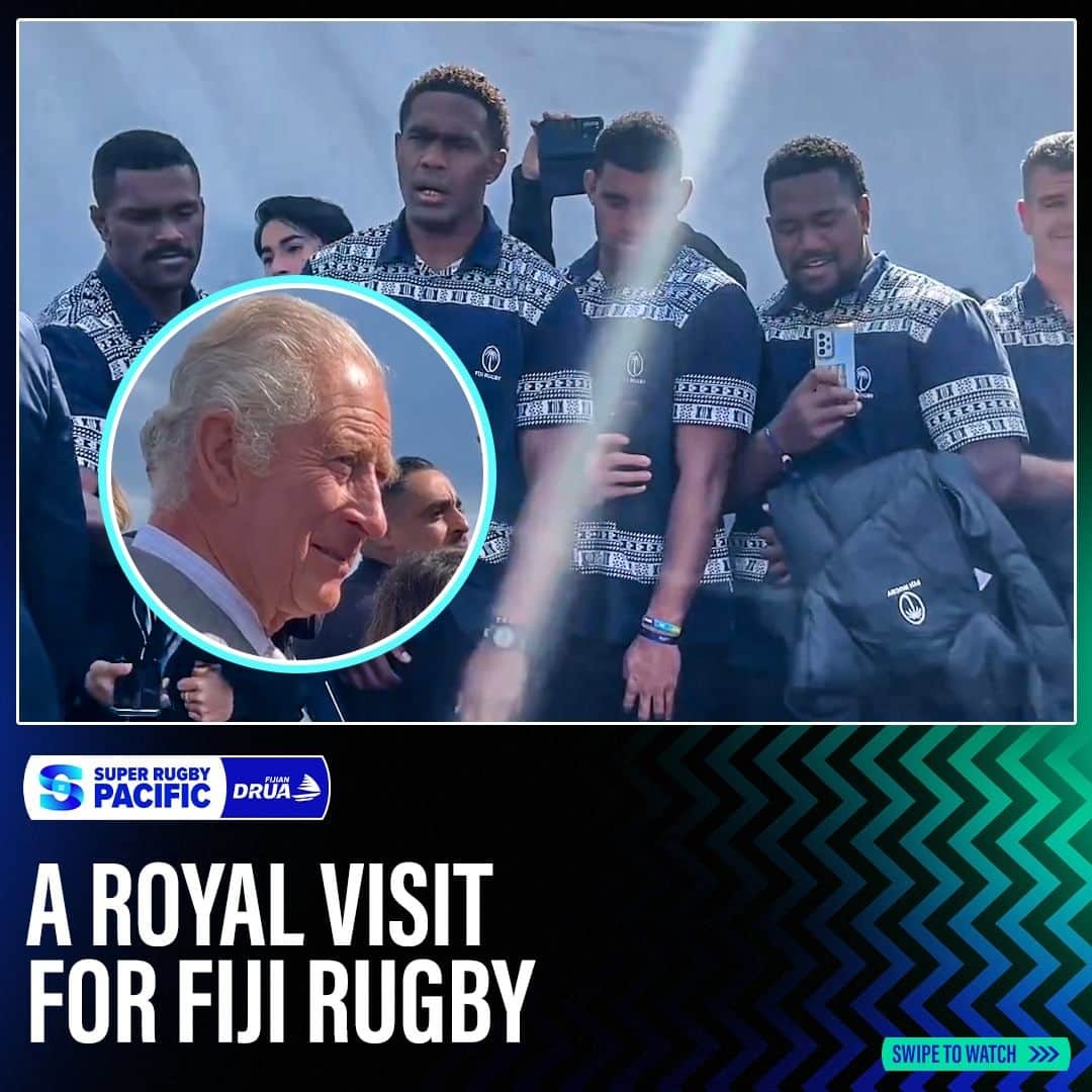 Super Rugbyのインスタグラム：「Bula, His Majesty King Charles III 👋  The @fijian_drua_official contingent of Fiji Rugby had the opportunity to meet His Majesty and gave him the warm welcome Fijians know best.  🎥 @fijirugbyunion」