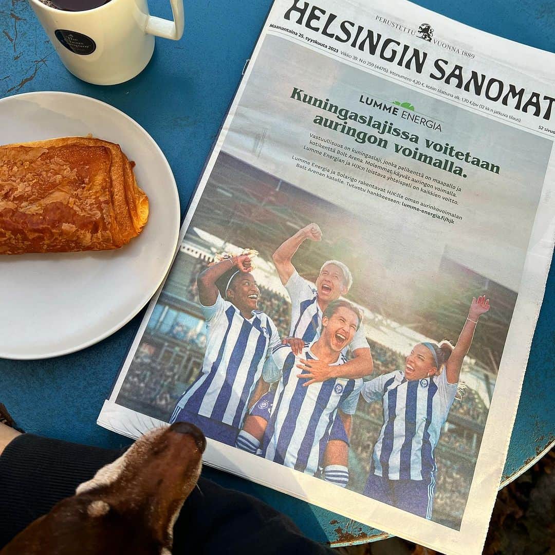のインスタグラム：「HJKのスポンサー @lummeenergia がヘルシンキ新聞( @helsinginsanomat )表紙広告に！ @hjkhelsinki 🔵⚪️」
