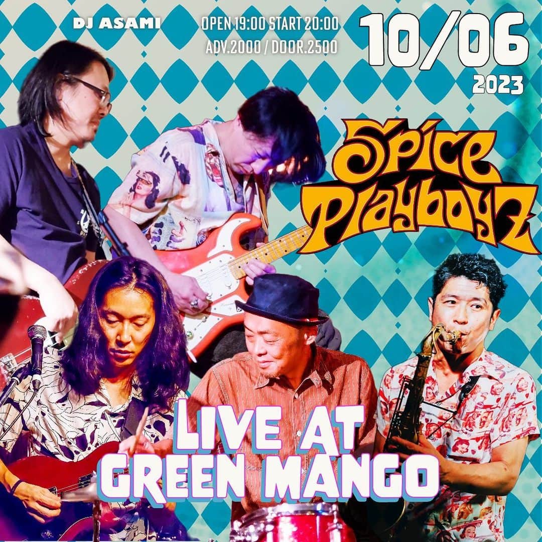 MONKYのインスタグラム：「10月6、7日はSpice PlayboyZ！！  10/6は毎回大盛り上がりな藤沢green mango。  10/7は久しぶりの静岡『飛翔』にて。  サイッコウーなライブを更新中のSpice PlayboyZ。  この2daysめっちゃ楽しみです。  是非♪  @spiceplayboyz   １０月６日（金）Spice PlayboyZ Live at 藤沢 green mango  ●藤沢 green mango （神奈川県藤沢市藤沢1049-10 東ビル１F）  ●OPEN 19:00 LIVE START 20:00~(2set)  ●ADV.¥2000 / DOOR.¥2500  ●出演  『Spice PlayboyZ』 MONKY（Sax）@____monky____  越野竜太（Guitar）@cosino  小林洋太（Guitar)@420yota 湯浅崇（Bass）@pow_bass  龍大（Drum）  DJ: ASAMI  ●今年は結成１０年目！ますます勢いを増しているSpice PlayboyZ！ JAZZ,ROCK,REGGAEとそれぞれのフィールドで活躍するプレイヤーが集まった、アベンジャーズなJAM BAND！ 変幻自在でSpicyなJamを体感しに来てください。 Good Musicとgreen mangoのSpicy Foodの最幸なコラボレーション♪  ●お問い合わせ 藤沢 green mango 0466-47-8488 http://www.greenmango-fujisawa.com/  イベントページ https://ienaga2020.com/events/event/10-6/  -------------|  １０月７日（土）『Spice PlayboyZ Live at 静岡 飛翔』  ●場所：静岡 飛翔（静岡県静岡市葵区人宿町2-4-6　加賀ビル2F）  ●OPEN/DJ START 20:00   ●料金 2500円  『Spice PlayboyZ』  MONKY（Sax）@____monky____  越野竜太（Guitar）@cosino  小林洋太（Guitar)@420yota 湯浅崇（Bass）@pow_bass  龍大（Drum）  ●今年は結成１０年目！ますます勢いを増しているSpice PlayboyZ！ JAZZ,ROCK,REGGAEとそれぞれのフィールドで活躍するプレイヤーが集まった、アベンジャーズなJAM BAND！ 変幻自在でSpicyなSoundを体感しに来てください。  ●お問い合わせ 飛翔 TEL 090-5007-1001 https://www.facebook.com/pg/hisyo.sanctuary/about/?ref=page_internal  イベントページ https://ienaga2020.com/events/event/10-7/」