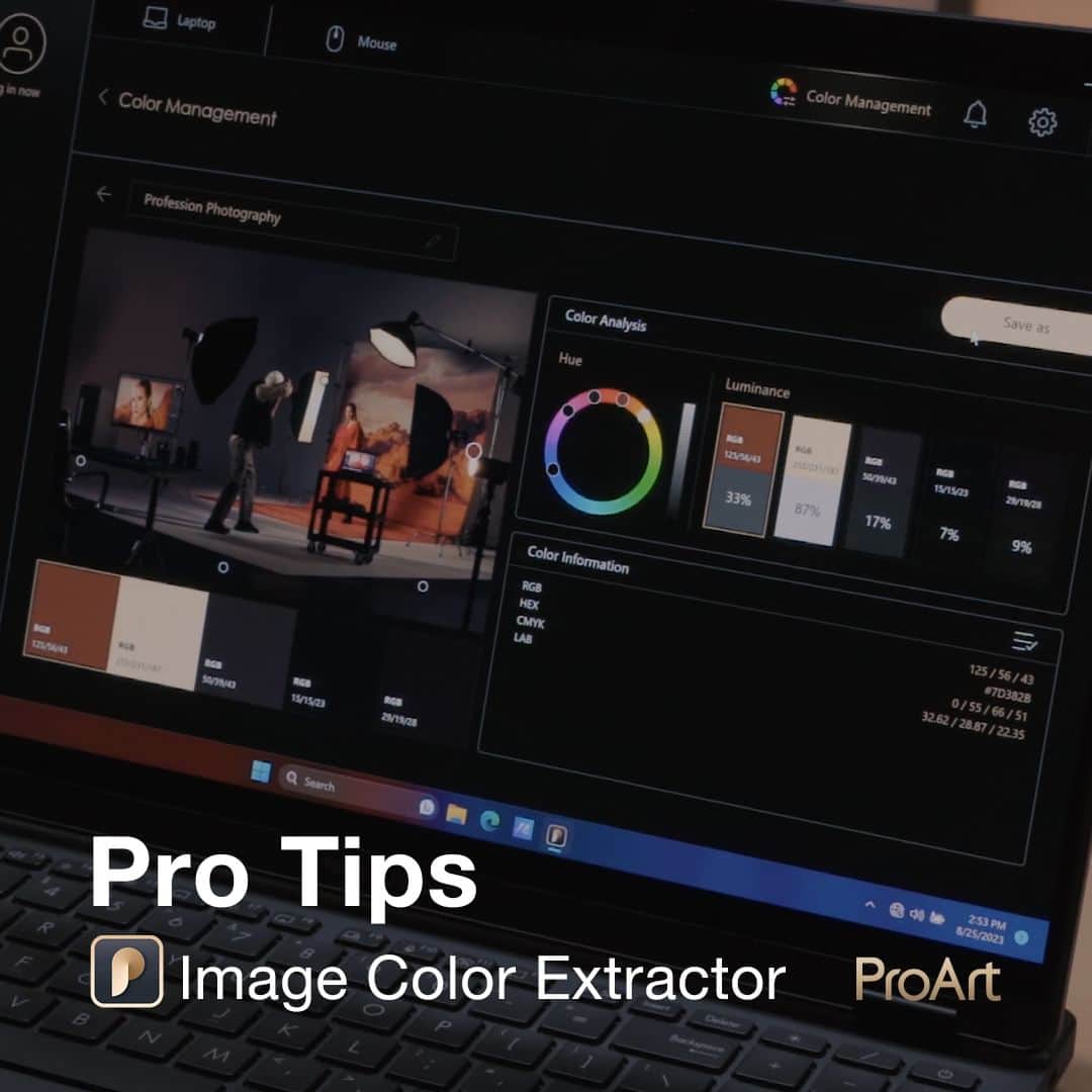 ASUSのインスタグラム：「It's time to discover more about our another new #ProArtCreatorHub feature - the Image Color Extractor🖌    Import your favorite image to find the color matches. You'll spot 5 color pins, move them to change colors, the system will then show the color information replete with detailed color analysis. It’ll even show the closest available #Pantone hue!🎨  Try it out now and discover more on our ig story🚀💪  #ASUS #software #laptop」
