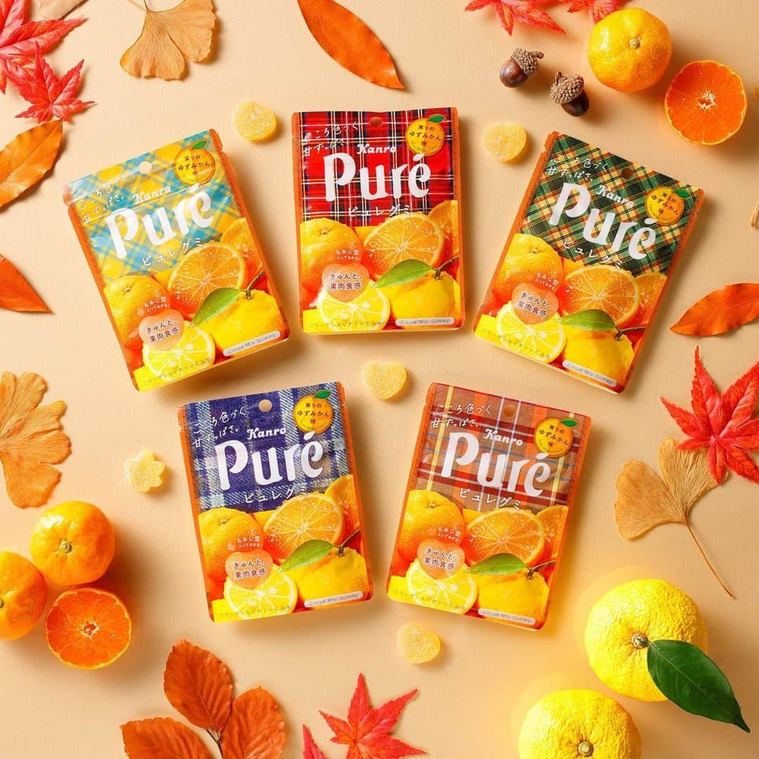 カンロ公式”ピュレフォト”（kanro_pr）のインスタグラム：「. おいしそう🤤だと思ったら"いいね♡"してね🍁  🍁🍊🍁🍊🍁 10月26日new ピュレグミ実りのゆずみかん 🍁🍊🍁🍊🍁  ピュレグミから秋にぴったりの新味登場🐿️  香り高いゆずとジューシーなみかんの美味しさが 口いっぱいに広がる自信作✨ デザインは全5種類！ 店頭で好きなチェック柄を選んでね😉🧡  ┈┈┈┈┈┈┈┈┈┈ シークレット型はピュレグミ初の もみじ型が入っているかも…！🍁   #ピュレグミ #グミ #グミ好き #グミ活 #グミ部 #グミ好きな人と繋がりたい #新商品 #新商品お菓子 #新発売 #おやつ #今日のおやつ #みかん #蜜柑 #ゆず #柚子 #みかん好き #みかん好きな人と繋がりたい #ゆず好き #秋の味覚 #秋フルーツ #秋チェック #秋デザイン #コンビニ #コンビニお菓子 #コンビニ新商品 #フルーツ #フルーツ好き #パッケージデザイン #カンロ #kanro」