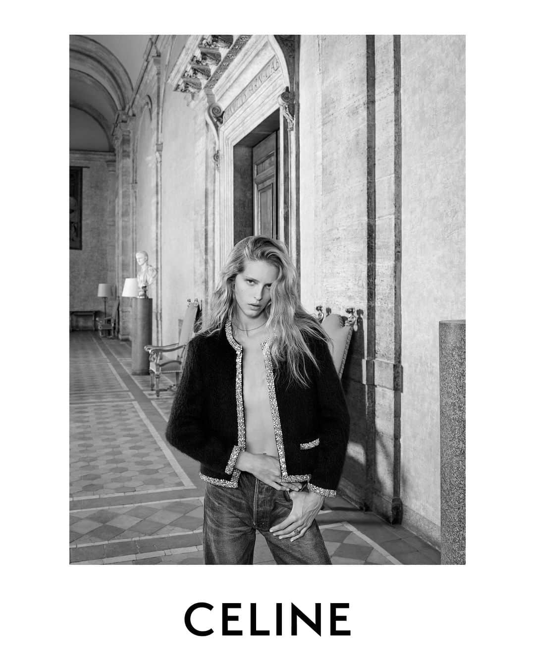 Celineのインスタグラム：「LA COLLECTION DES GRANDS CLASSIQUES CELINE SESSION 07  CELINE KNITWEAR CELINE EMBROIDERED CHASSEUR JACKET  CELINE DENIM CELINE POLLY JEANS  COLLECTION AVAILABLE NOW IN STORES AND ON CELINE.COM   ABBY @HEDISLIMANE PHOTOGRAPHY AND STYLING ROME SEPTEMBER 2023  PALAZZO FARNESE   CELINE’S LATEST WOMEN’S CAMPAIGN FOR LA COLLECTION DES GRANDS CLASSIQUES HAS BEEN PHOTOGRAPHED BY HEDI SLIMANE IN ROME IN SEPTEMBER 2023 AT PALAZZO FARNESE.   FOR THE FIRST TIME EVER, A COUTURE HOUSE HAS GAINED ACCESS TO THE PALACE.  PALAZZO FARNESE, A RENOWNED ROMAN PALACE, DESIGNED BY ANTONIO DA SANGALLO IL GIOVANE, BUILT IN THE 16TH CENTURY AND COMPLETED BY MICHELANGELO, IS AN EXAMPLE OF HIGH RENAISSANCE ARCHITECTURE.  HOME TO NUMEROUS MASTERPIECES COMBINING PAINTINGS, SCULPTURES AND ARCHITECTURE;  GALLERIES ARE DECORATED WITH FRESCOS INCLUDING THE MONUMENTAL FRESCO CYCLE BY ANNIBALE CARRACCI, WALLS ARE EMBELLISHED WITH TAPESTRIES AMONGST DECORATED SARCOPHAGUSES AND ROMAN SCULPTURES.  THE PALACE HAS BEEN THE FRENCH EMBASSY’S RESIDENCE IN ITALY SINCE 1874.  #CELINEBYHEDISLIMANE」