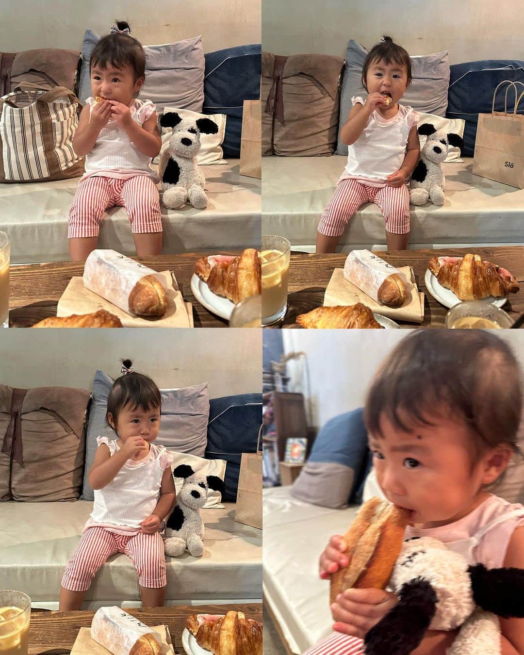 AYAさんのインスタグラム写真 - (AYAInstagram)「_ 誰も教えてないのにめっちゃ ✌🏽の仕方がギャルな1歳児  この日は🍞いっぱい買って朝活 ハードパン🥖も自分で噛みちぎって 食べられるようになったなぁ🤭 でもやっぱり一番大好きなのは クロワッサン🥐です  音楽が聞こえるといつもノリノリな Movieはストーリーで めっちゃ好評やったので投稿にも❤️‍🔥 食べてる時やから立ったりしいひんけど 家の中とか動いて良い場所やったら 踊ったりするお調子者です💃  保育園の体操もすぐ覚えて 全部やるから感心する 子どもの力ってほんますごいな〜  #詩珠diary」9月25日 21時27分 - a.y.hana_12o6