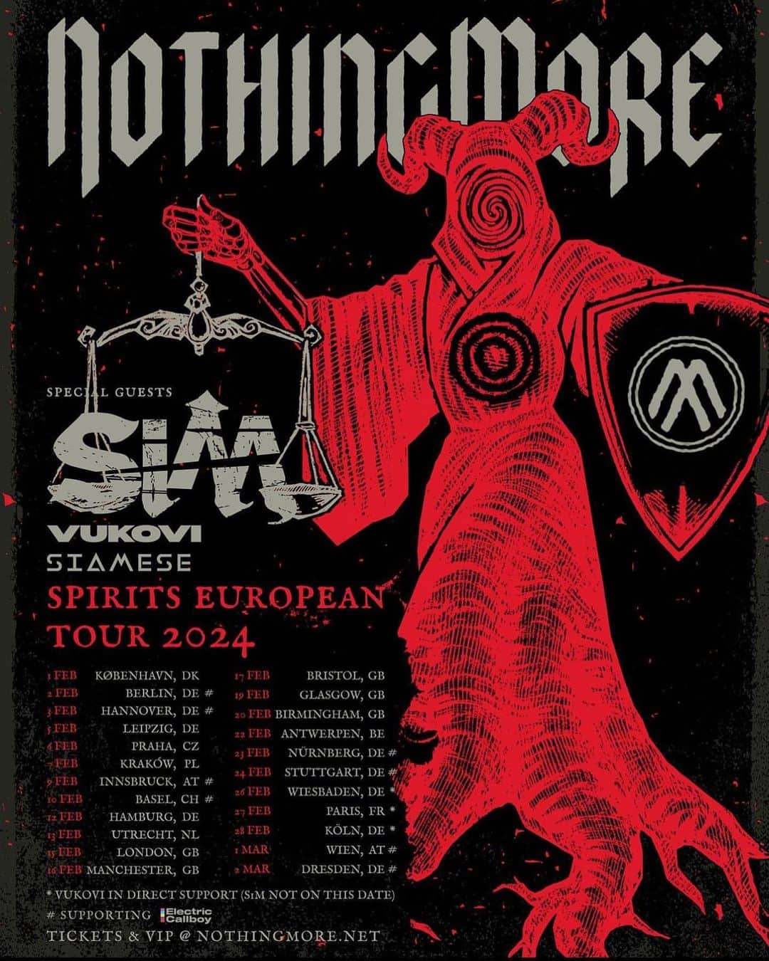のインスタグラム：「【NEWS】 -English below.  NOTHING MORE (@nothingmoremusic )ヨーロッパツアーにSiMがメインサポートアクトで参加決定！  EUROPE we are coming for you in 2024!  We are excited to announce we are going on tour with @nothingmoremusic plus @siamese_band will be opening the shows! Tickets go on sale WEDS at 10am CET at https://sim.komi.io/ - link in bio!  All the dates are below and there’s more amazing news for Europe coming soon!  🇩🇰 🇩🇪 🇨🇿 🇵🇱 🇦🇹 🇨🇭 🇳🇱 🇬🇧 🇧🇪 🇫🇷  1 FEB 2024 KOBENHAVN, DK  5 FEB 2024 LEIPZIG, DE 6 FEB 2024 PRAHA, CZ  7 FEB 2024 KRAKOW, PL 12 FEB 2024 HAMBURH, DE 13 FEB 2024 UTRECHT, NL 15 FEB 2024 LONDON, GB 16 FEB 2024 MANCHESTER, GB 17 FEB 2024 BRISTOL, GB  19 FEB 2024 GLASGOW, GB  20 FEB 2024 BIRMINGHAM, GB  22 FEB 2024 ANTWERPEN, BE」