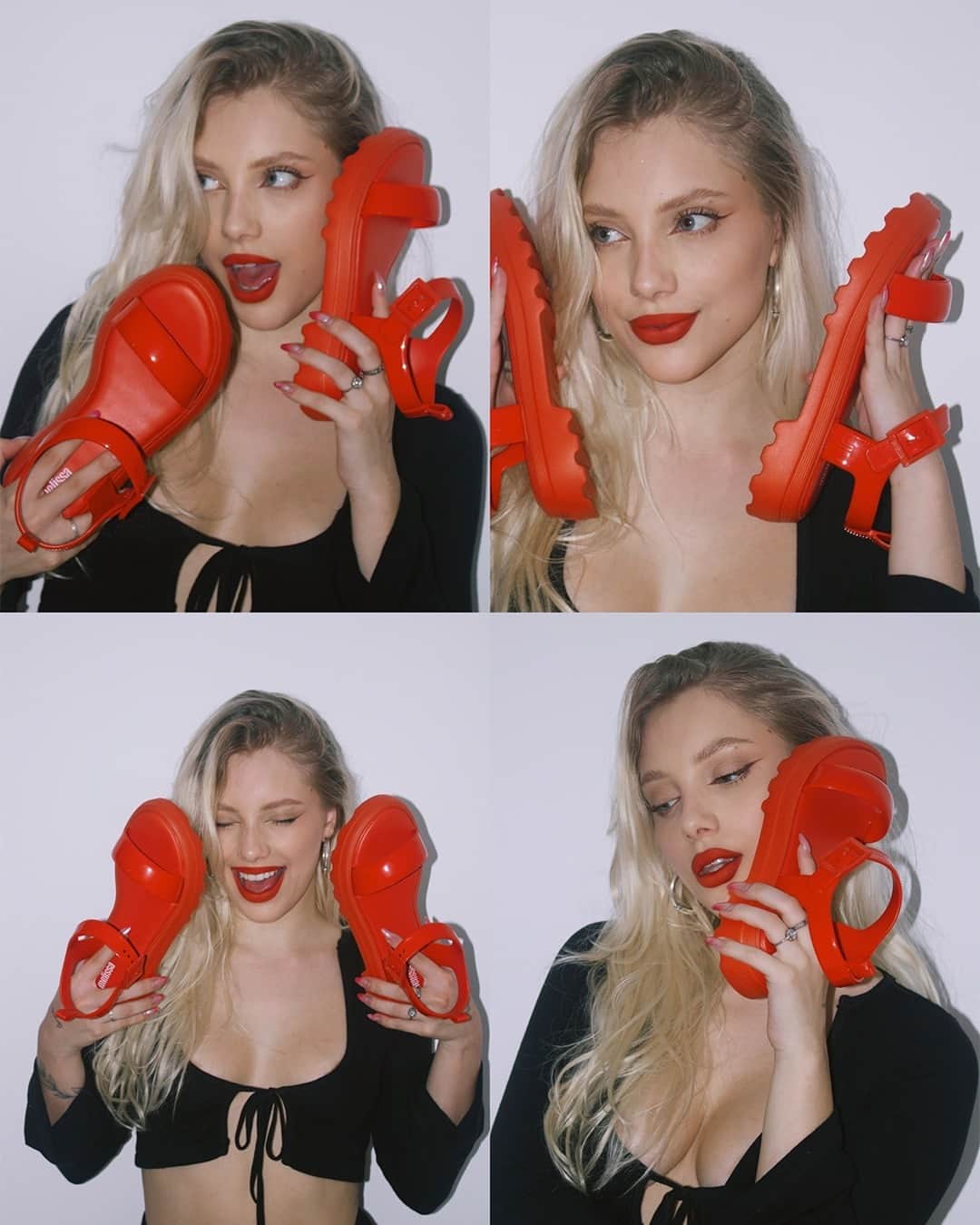 メリッサのインスタグラム：「Mais uma semana começando, mais uma inspiração de look com a #MelissaTownSandal 🥰 A @ceciroessler arrasou, sim ou com certeza? ✨ O modelo está disponível no link da bio!」