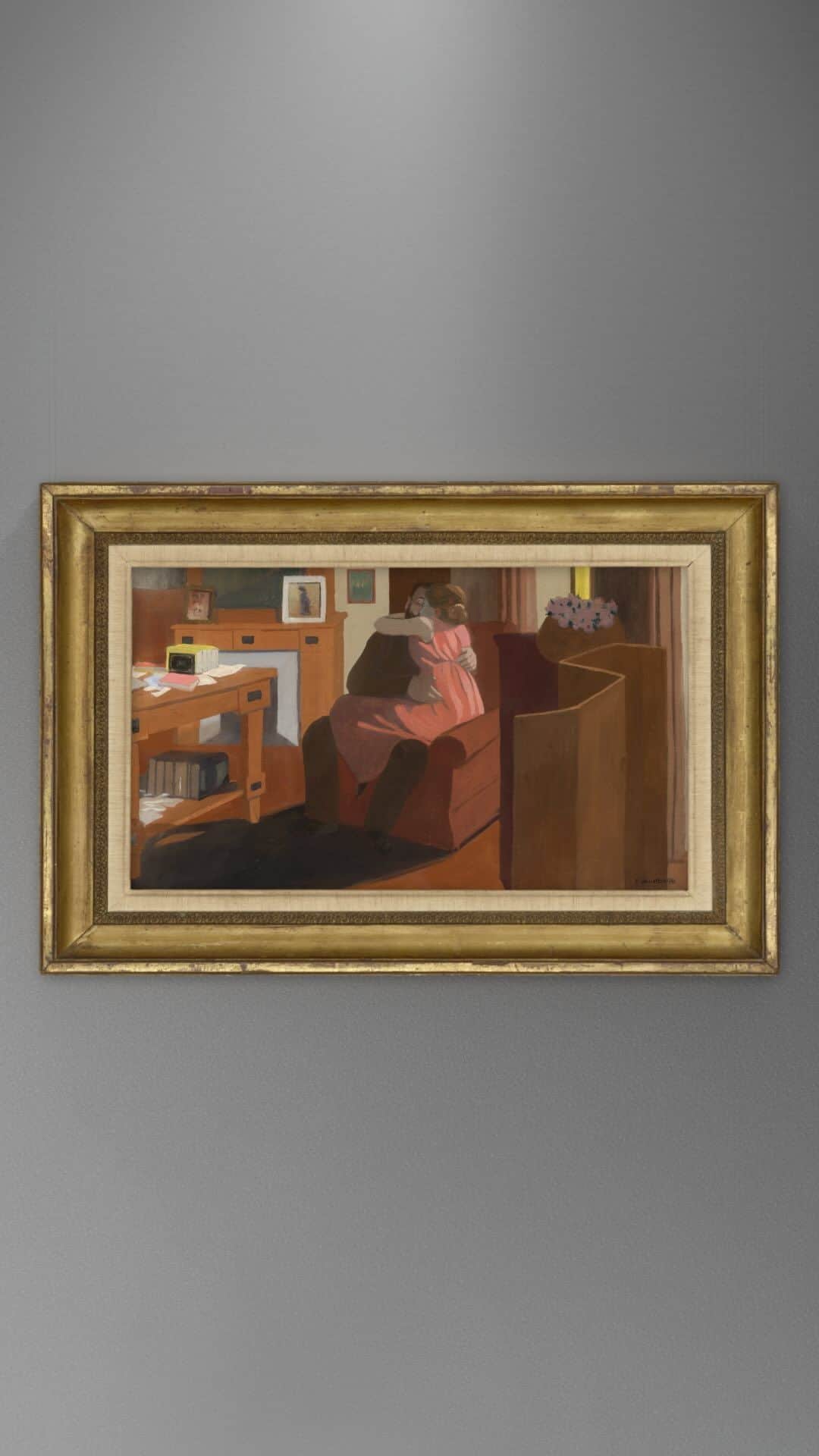 クリスティーズのインスタグラム：「Beginning in 1897, Félix Vallotton devoted himself to the theme of the morality play.   In these tragicomic compositions, protagonists have dalliances and affairs, they plot and scheme, and all the action transpires within the bourgeois apartment.   Painted in 1898, ‘Cinq heures’ depicts a couple in close embrace, entwined together on a red armchair. The painting encapsulates the radical aesthetic development that Vallotton’s practice was undergoing during this period.   Félix Vallotton (1865-1925), ‘Cinq heures’ (1898). Estimate: £3,000,000-£5,000,000.⁣ ⁣   Masterpieces from the Collection of Sam Josefowitz: A Lifetime of Discovery and Scholarship | Live Auction: 13 October, London.⁣   #JosefowitzCollection #FélixVallotton #Frieze20  ‌」