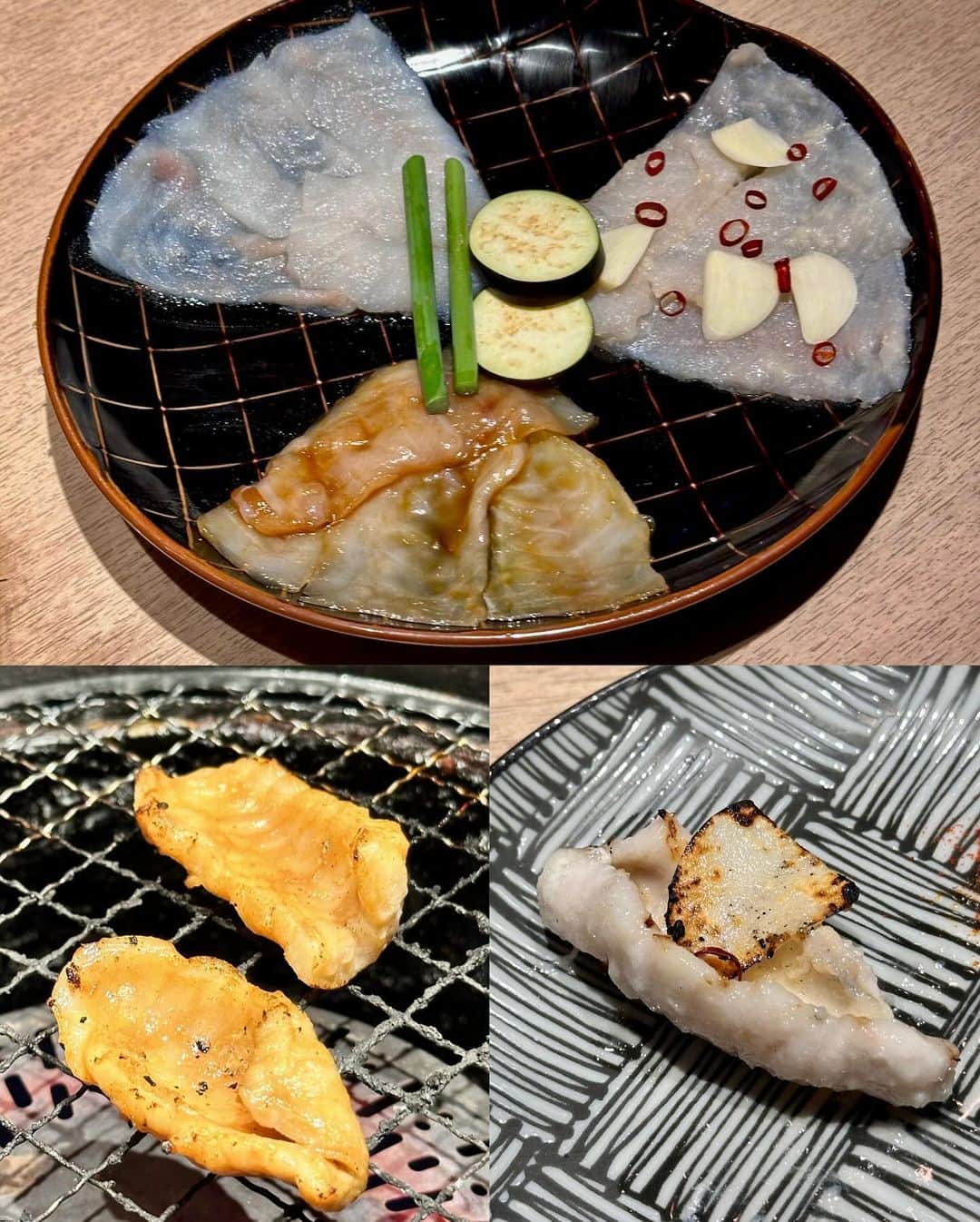 のインスタグラム：「ラヴィットでコットンの西村さんがこちらの焼きふぐを紹介していて、オフィスから1分のところだ！と、超〜気になっていた『焼ふぐ 夢鉄砲』に初訪問。 ⁡ 焼きふぐ、塩とニンニクとタレの３種の食べ方、美味しかった！ ⁡  河豚の食べ方ほぼフルコースで、9,900円(税込)は嬉しいですね！ ⁡ ⁡ 夢コース 【箸遊】とらふぐの皮湯引きぽん酢　 【刺身】とらふぐてっさ(ふぐ刺し) 【汁物】とらふぐひれスープ　 【焼物】名物の焼ふぐ(塩・ニンニク・タレ味) 【揚げ物】とらふぐ唐揚げ　 【鍋物】とらふぐてっちり(ふぐ鍋) 【飯物】とらふぐ雑炊　 【甘物】ジェラート  #焼ふぐ夢鉄砲 #具義鍋2023 #具義中目黒2023 #具義初訪問2023」