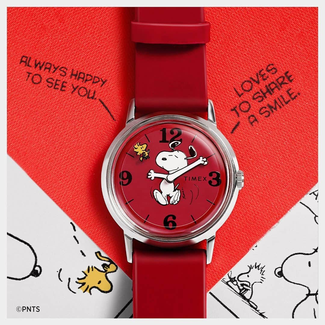 タイメックスのインスタグラム：「Time to groove! 🎵🐶⁣ ⁣ This watch is sure to bring a touch of nostalgia to your collection. A modern-day reissue of our 1976 original red Snoopy watch, it captures your favorite beagle in a playful mid-dance pose with his arms as the hour and minute hands and a rotating Woodstock serving as the sweep-second. Packaged in a collectible doghouse box, it's the perfect homage to Snoopy's world.⁣ ⁣ 📸: Shoutout to @timex.vintagemx for the first pic! 🙌⁣ ⁣ #timex #peanuts #snoopy #reissue #newwatch @snoopygrams @snoopyinfashion」