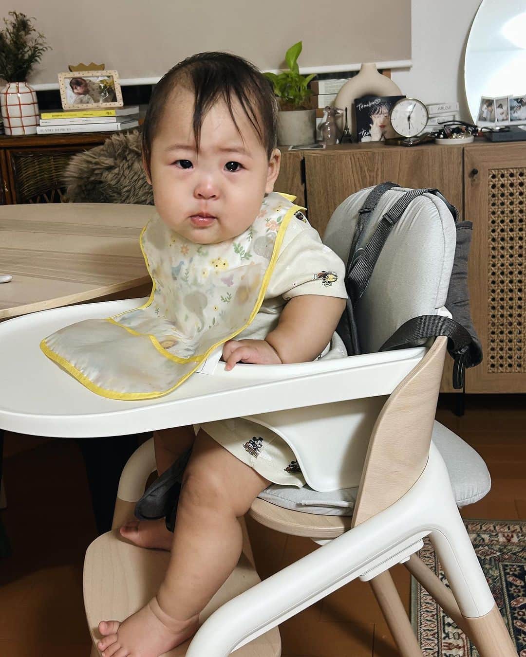 上野智子さんのインスタグラム写真 - (上野智子Instagram)「@bugaboojapan Giraffe chair🪑 チェアデビューしました！  成長段階に合わせて調整出来るのはもちろん、バガブーらしい美しいデザインと機能性は毎日の離乳食タイム(愛おしいけど戦い😉)を豊かにしてくれています:)  このチェアで泣き顔も笑顔もたくさん見ることでしょう！！ (5枚目の髪の毛どうなっちゃってるんでしょうか笑)  ちなみに我が家のカラーはウッド&ホワイト。 クールなおうちなら、ブラックもかっこいいなあと思う♡ そして組み立ては、いつもの夫婦喧嘩をしたあと、私が娘とふて寝をしている間にたけPがやってくれていました。(ありがとうございます🥹)(小声言いたくない)(喧嘩もしたくない)(みんな仲良しが1番)  #bugaboogiraffe #gifted #7か月ベビー #7monthsold」9月26日 0時57分 - tomokoueno