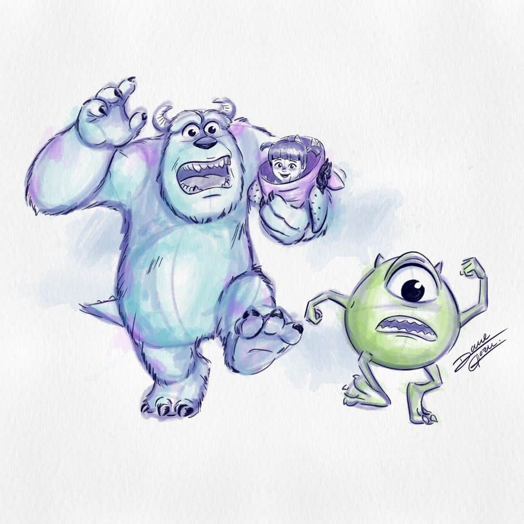 Disney Pixarさんのインスタグラム写真 - (Disney PixarInstagram)「They scare because they care and Boo is just along for the ride! 💙💚   Beautiful watercolor by @davegozu.」9月27日 4時00分 - pixar