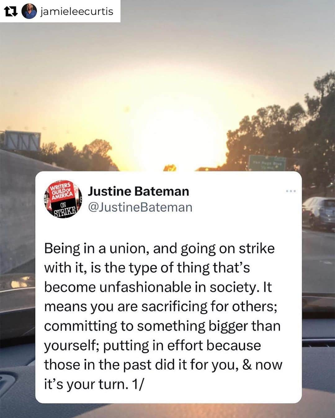 ジェニファー・グレイのインスタグラム：「Repost from @jamieleecurtis • THE STRENGTH OF MANY! Thank you @_justinebateman_ for your LEAD HER SHIP!  @sagaftra @wgawest」