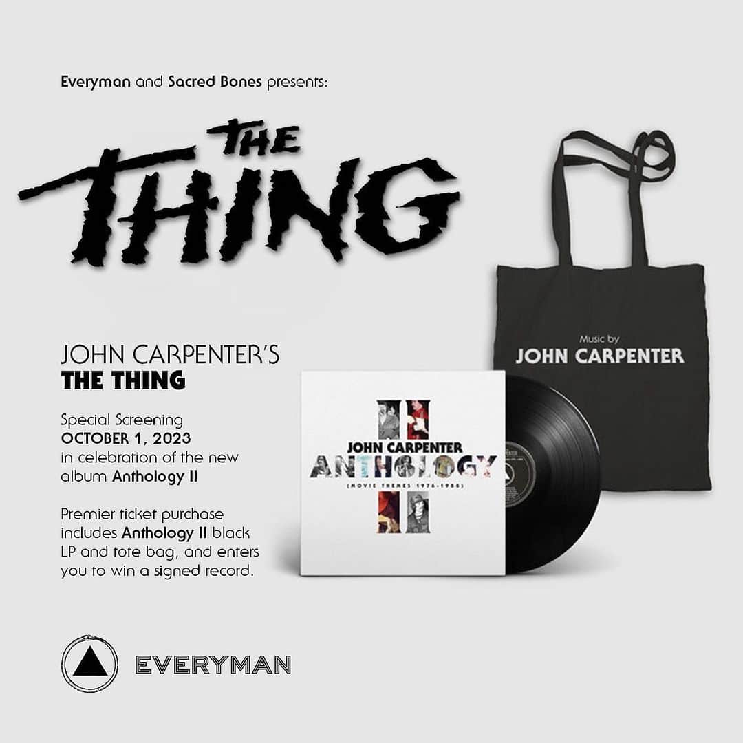 ジョン・カーペンターのインスタグラム：「London! @everyman and @sacredbones are proud to present a special screening of The Thing, taking place at Screen on the Green in Islington this Sunday, October 1st. Link in bio for all your ticket purchasing options. There are a limited premier bundle ticket options that include the advance edition black vinyl LP of John Carpenter Anthology II: Movie Themes 1976-1988 and a black “Music By John Carpenter” tote bag to hold all your...things. This specific purchase also automatically enters you for a chance to win a copy of the vinyl signed by Carpenter himself」