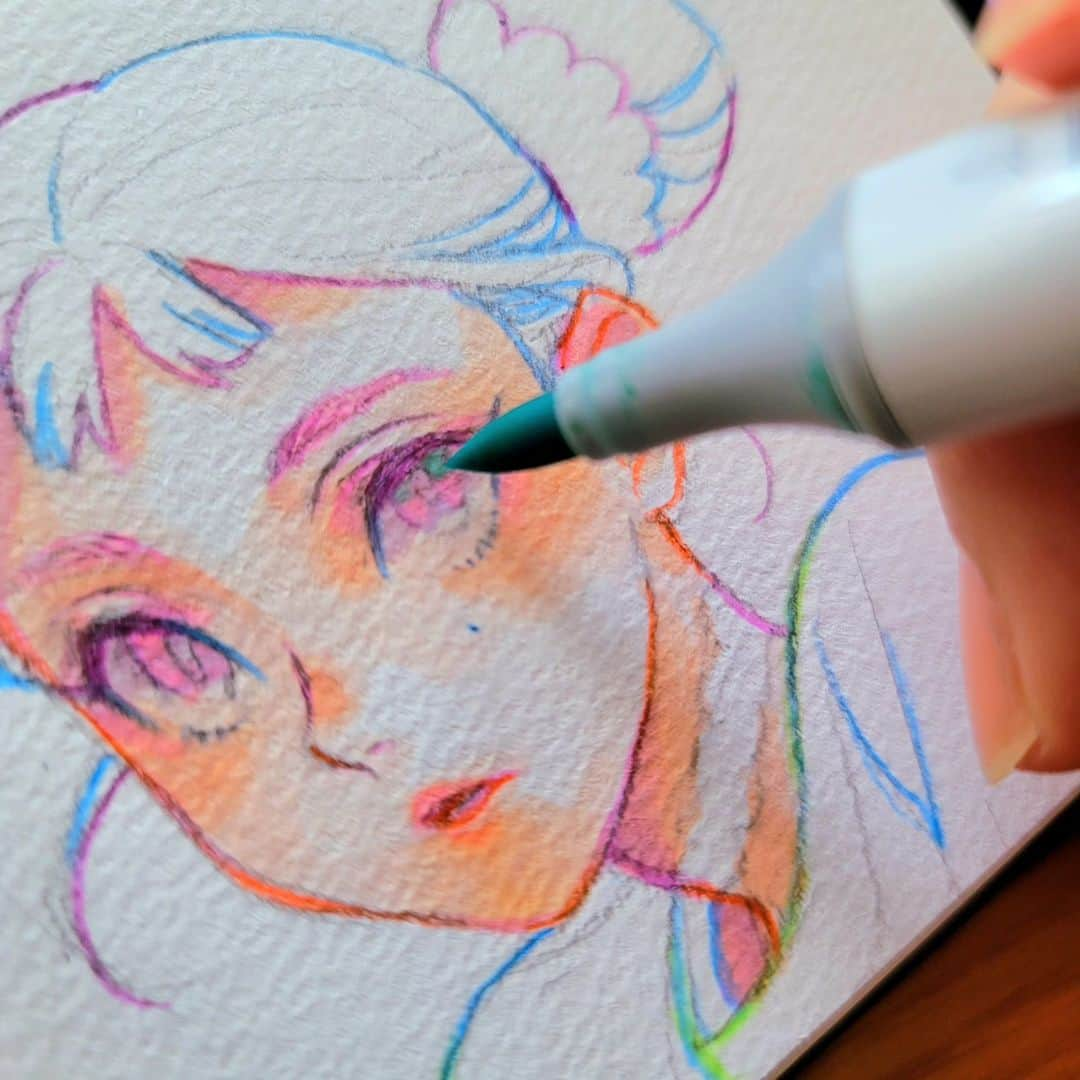 hoshino katsuraさんのインスタグラム写真 - (hoshino katsuraInstagram)「コピック( @copic_official_jp )とポリクロモス色鉛筆( @fabercastellphils )で虹子ちゃん⁡落書き。⁡ ⁡⁡ ⁡紙はマルマンの画用紙。 ⁡⁡ ⁡⁡ ⁡#お絵描きファミリア ⁡ ⁡#コピック⁡⁡ ⁡#色鉛筆⁡ ⁡#ファーバーカステルポリクロモス⁡ ⁡ #マルマン画用紙 ⁡」9月26日 7時59分 - katsura_5600