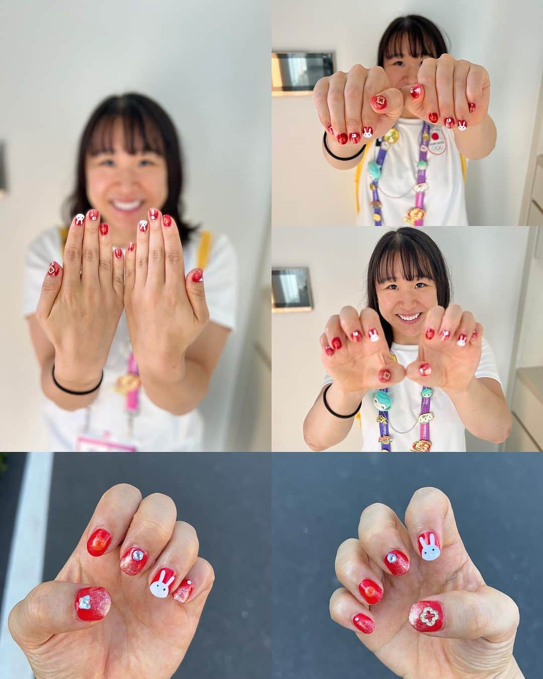 梶原悠未のインスタグラム：「選手村でネイル💅  中国ではウサギは長寿、月は不死、赤は太陽と火 の色で、人々に光と温暖を与え、幸福や喜び、吉祥、楽しみ、熱烈、魔除けを象徴しています❤️🐇🌕  心身共に準備は整いました💖  サポート、応援してくださる皆様、ありがとうございます🥰✨  初戦、チームパーシュート行ってきます🚴‍♀️  #cycling #olympics #athlete #sports #asiangames #teamjapan #がんばれニッポン #自転車 #ロードバイク #HangzhouAsianGames #杭州アジア大会 #選手村 #ネイル #中国 #うさぎ #月」