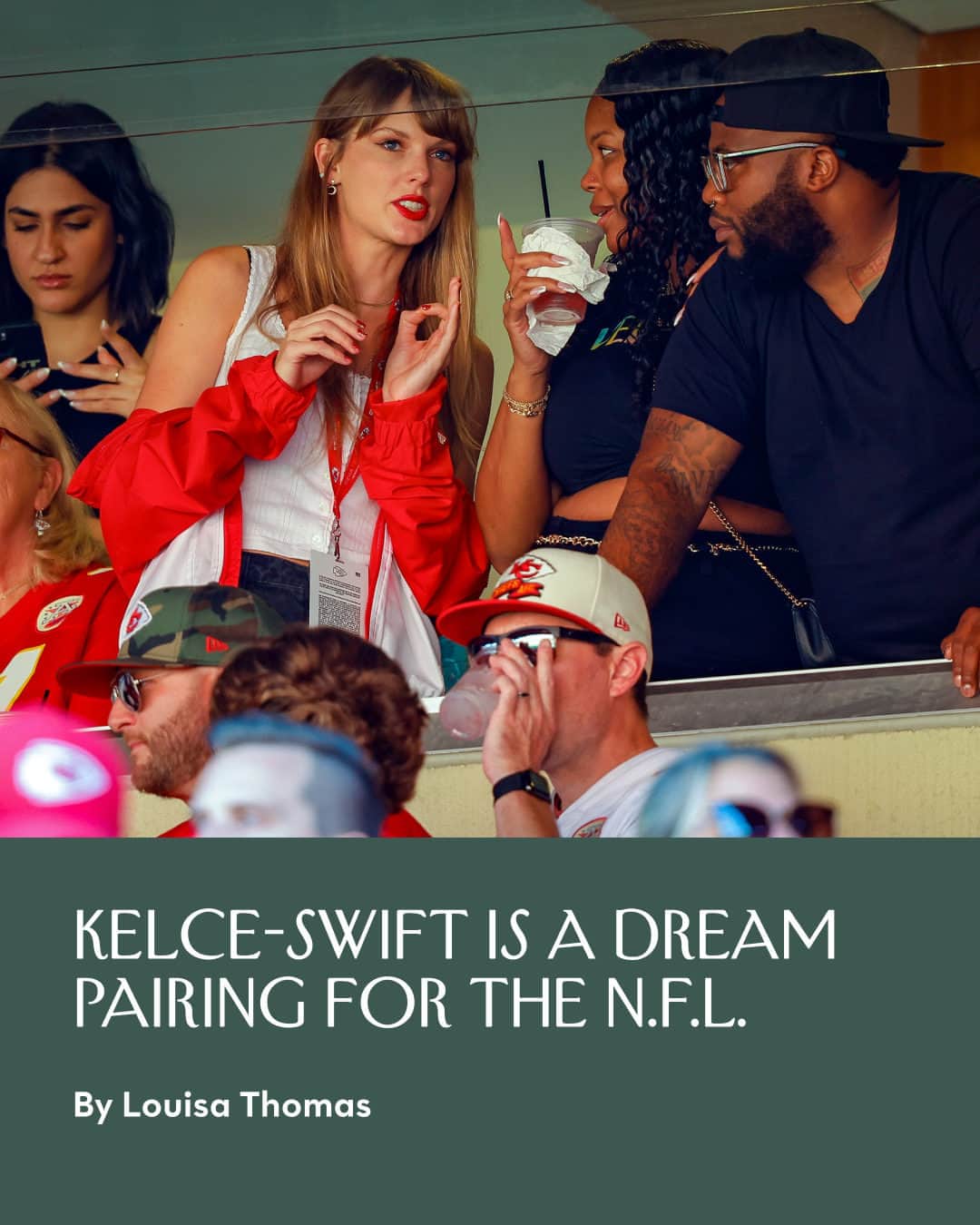 The New Yorkerさんのインスタグラム写真 - (The New YorkerInstagram)「In July, Travis Kelce, a tight end for the Kansas City Chiefs, scored tickets to Taylor Swift’s Eras Tour, at the stadium where the Chiefs play. He wanted to meet her and decided to make some friendship bracelets with his phone number on them. But, when he tried to see Swift, he was rebuffed. Swift, to judge from her past several boyfriends—a series of slim British men—does not usually go for beefy, red-blooded American guys. But, in June, it was reported that Swift was single again. And Kelce was back in the game.  On Sunday, when the Chiefs took on the Chicago Bears, Taylor Swift was present, in Kelce’s suite—and everyone in her orbit seemed delighted. A number of Swifties were watching at home, and learning about football, while the N.F.L.’s official TikTok account changed its bio to read “Taylor was here.” At the link in our bio, read more about why the pairing makes sense: “Swift is perhaps the world’s most successful bard of big feelings,” Louisa Thomas writes, “and what is the N.F.L. if not a racket to let grown men cry?” Photograph by David Eulitt / Getty.」9月26日 9時00分 - newyorkermag