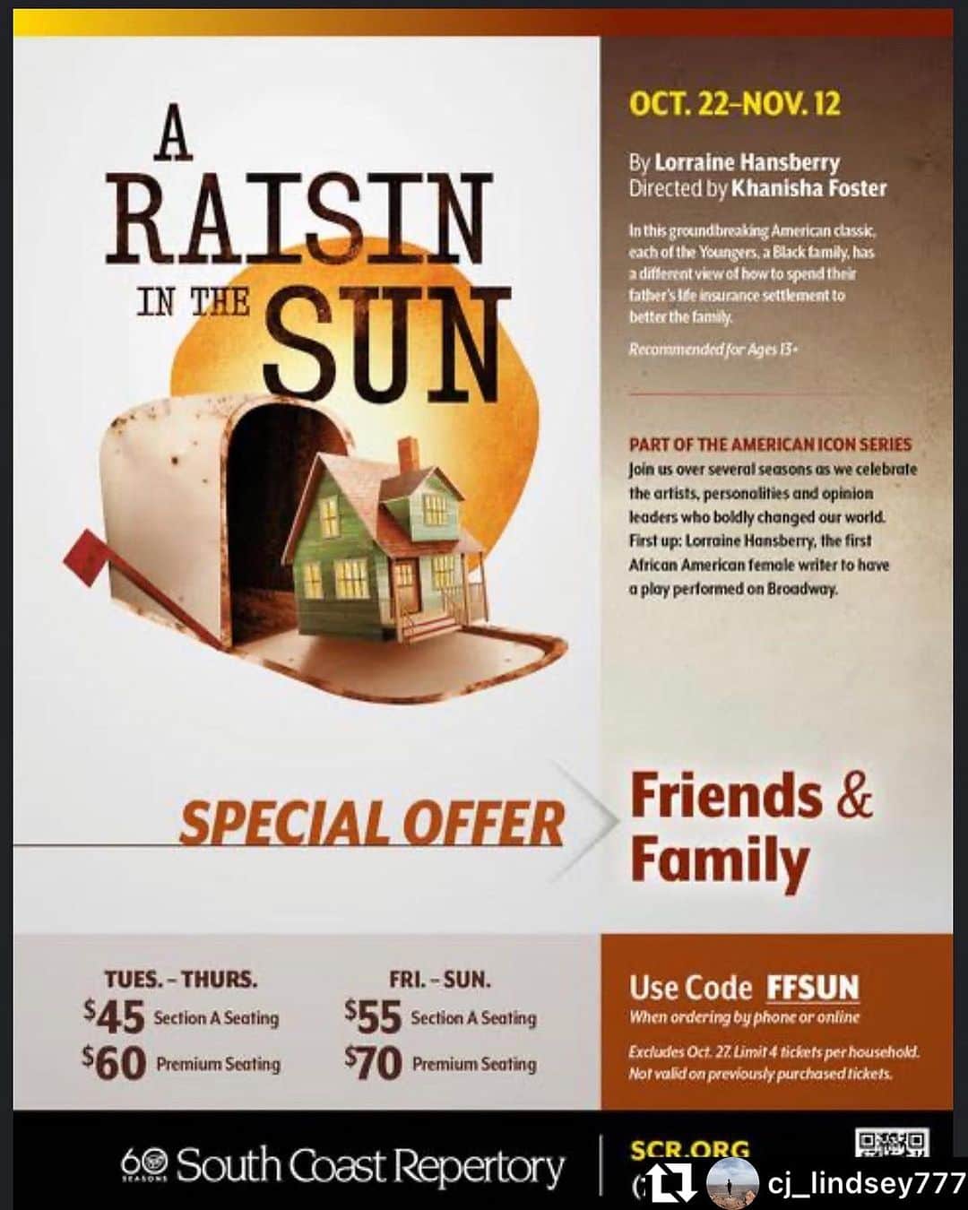 ロッチェル・エイツのインスタグラム：「My husband did it again! Booked this iconic play, #araisininthesun! I’m proud of my love! Friends and family tickets are going fast! So please click on link below to get your tickets!  #repost @cj_lindsey777 Grateful I get to fill the shoes of Walter Lee Younger in the iconic A Raisin In The Sun @southcoastrep Please get your tickets soon as they are selling fast!」