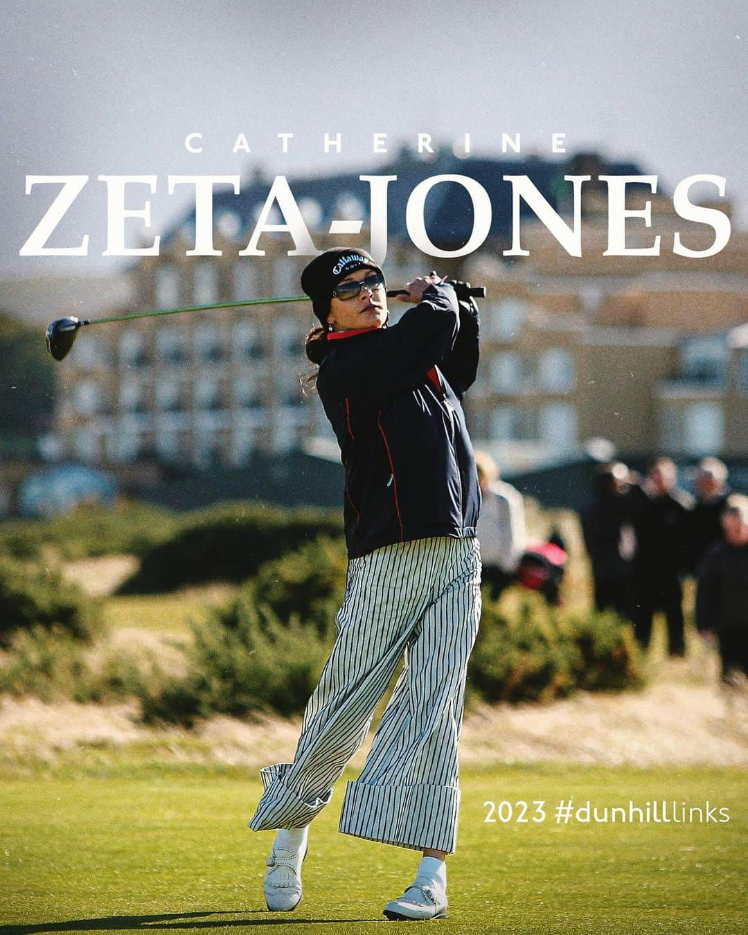 キャサリン・ゼタ・ジョーンズのインスタグラム：「Catherine Zeta-Jones is playing for the first time in the #dunhilllinks.   Here’s a flashback to 2005 when she was supporting husband Michael Douglas, who was playing in the Championship, and enjoyed a practice round on the Old Course.」