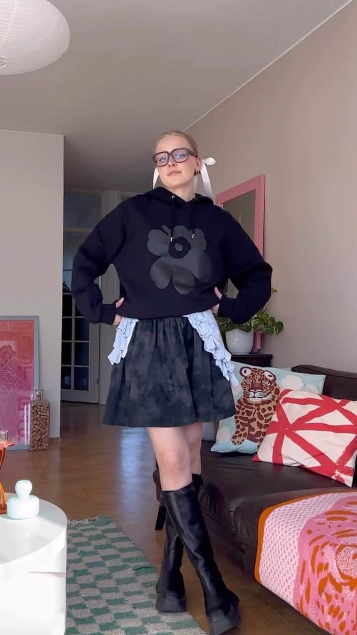 マリメッコのインスタグラム：「The all-black Runoja hoodie is here! This limited edition staple inspires endless styling opportunities, with coziness guaranteed – as shown by our dear friend @emilia.tamminen. 🖤  Shop the edition at marimekko.com. #marimekko #marimekkokioski」