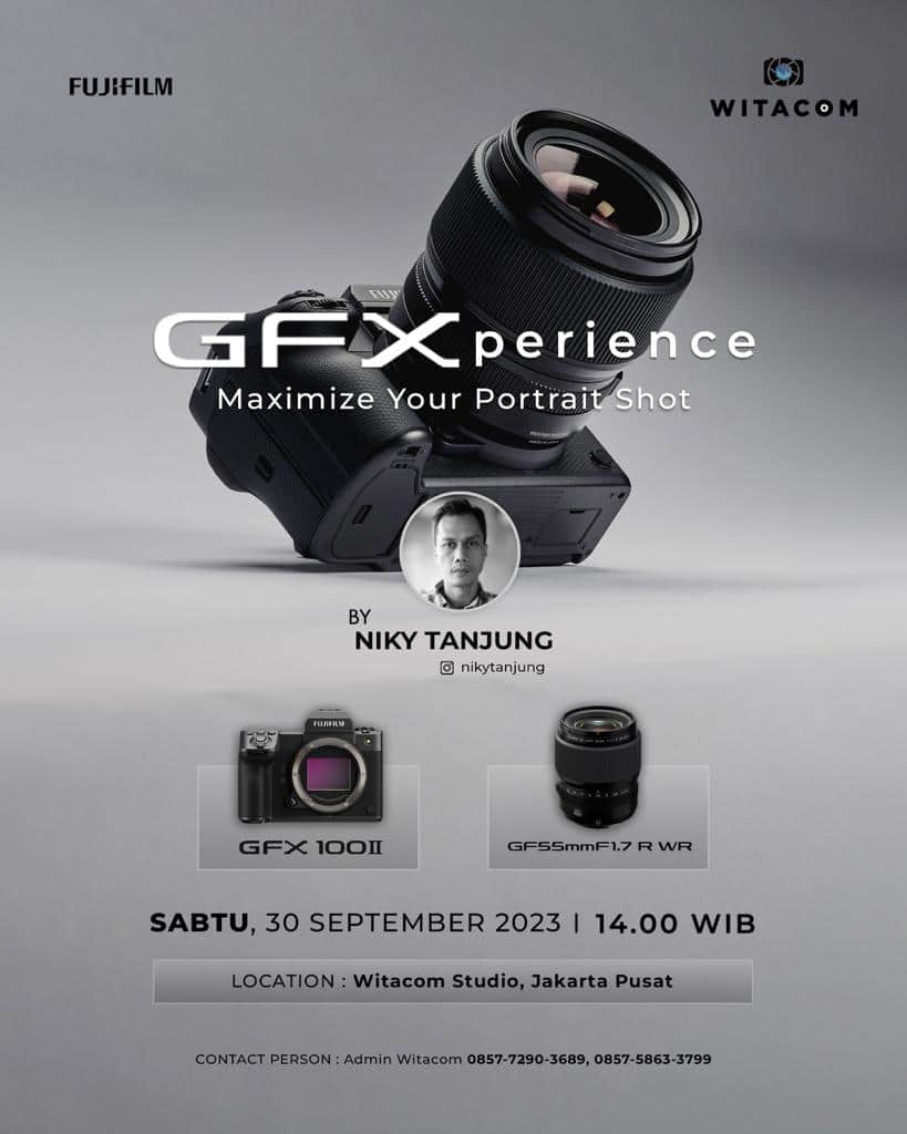 FUJIFILM INDONESIAさんのインスタグラム写真 - (FUJIFILM INDONESIAInstagram)「GFXperience "Maximize Your Portrait Shot"  Fujifilm Indonesia bersama @witacom_id dengan bangga mengajak kamu merasakan kemampuan kamera terbaru Fujifilm GFX100 II dan lensa terbaru GF 55mm F1.7 R WR.  GFXperience ini bakal dikemas dengan konsep yang menarik serta keren dari @nikytanjung sebagai pemateri.  Catat informasinya sekarang juga: 🗓 Sabtu, 30 September 2023 ⏰ 14.00 WIB 📍 Witacom Studio, Jakarta Pusat  Yuk segera daftarkan diri kamu agar tidak penasaran dengan produk terbaru dari @fujifilm_id!   Free to TRY & ENTRY  CP: 0857 7290 3689, 0857 5863 3799 Admin Witacom  #GFX100II #GFX100II_id #GF55MMF17RWR #Fujifilm_id」9月26日 14時00分 - fujifilm_id