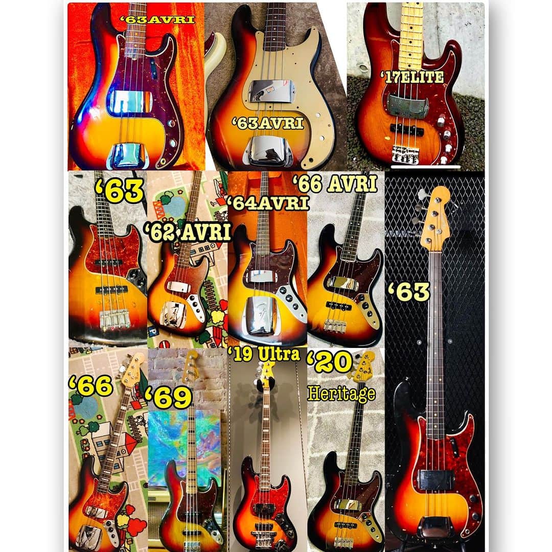 日野賢二のインスタグラム：「My Fender Sunburst Basses! #sunburst  #bass #fender #jinobass #fender_sunburst #fenderjazzbass #fenderjazz #fenderamericanvintage  #fenderamericanelite #fendervintage #fenderprecision #fenderprecisionbass #fenderpbass #fenderprecisionbassfanpage #フェンダー #へンダー #変ダー　#僕のフェンダー　#サンバースト」