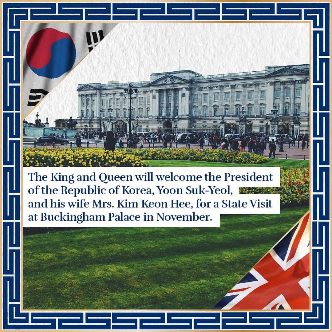 ロイヤル・ファミリーのインスタグラム：「The President of the Republic of Korea, His Excellency Yoon Suk Yeol, accompanied by Mrs Kim Keon Hee, has accepted an invitation from His Majesty The King to pay a State Visit to the United Kingdom in November.  Visit our stories to read the announcement in full.」