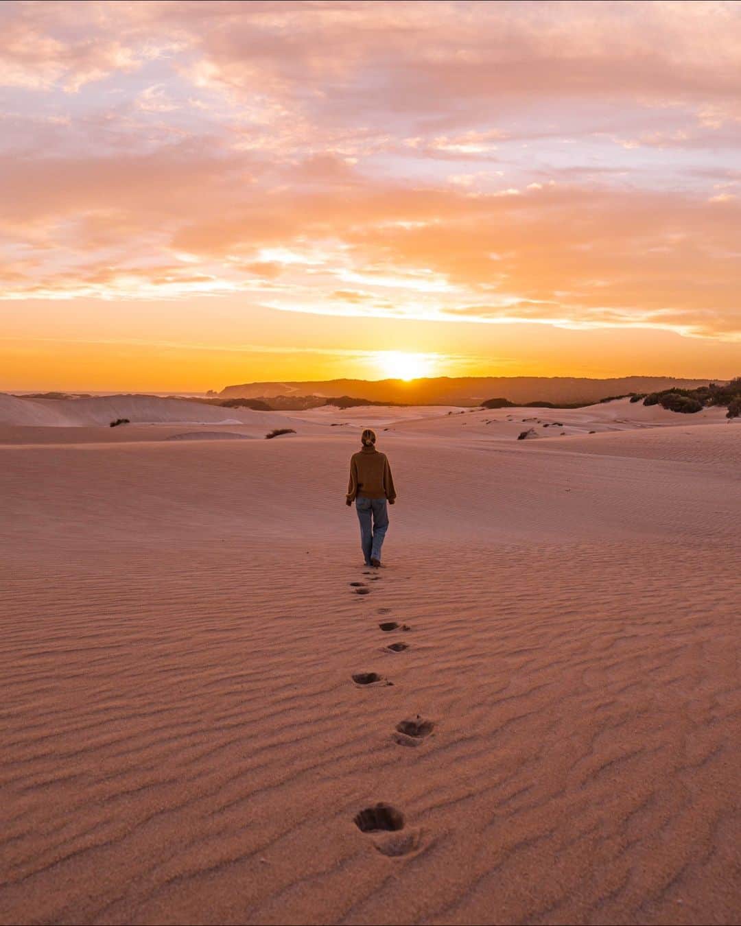 のインスタグラム：「Feeling fine and sand-y in @southaustralia ☀️ Introducing the #Sheringa sand dunes along the breathtaking @eyrepeninsula coastline. Whether you're here to cast a line 🎣, make a splash 🏊, enjoy the birds symphony 🐦, or just soak in the immaculate scenery 🌿, this one is not to be missed! TIP: #SheringaBeach is the perfect pitstop on the popular @portlincoln to #StreakyBay route. If you want to stay a little longer - it's also an epic spot to pitch your tent! ⛺   #SeeAustralia #ComeAndSayGday #SeeSeeAustralia #EyrePeninsula  ID: a woman walking away from the camera along a sand dune at sunset. Footprints trail behind her.」