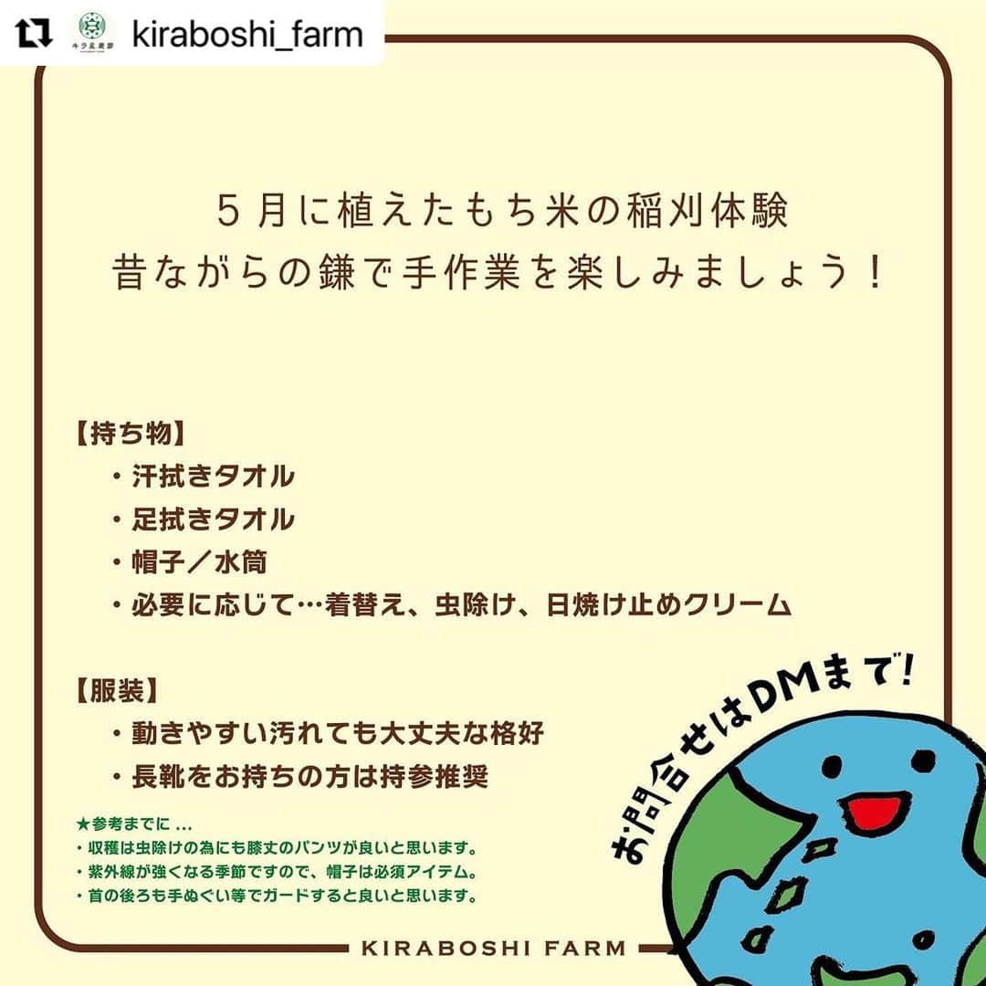 ヒデトレさんのインスタグラム写真 - (ヒデトレInstagram)「YES👍🌾  #Repost @kiraboshi_farm with @use.repost ・・・ ※イラスト（写真1枚目）には9/30sunと書いてありますが、9/30sat（土）が正しい曜日となりますので、ご注意ください🙏  キラ星にTsudou「稲刈り体験」  5月に植えたもち米の稲刈体験  昔ながらの手作業を楽しみましょう！ 収穫したもち米は、乾燥後、お届けします。  【当日の予定】 10:00　田んぼに集合 稲刈開始 　　　 稲を束ねて、ハゼかけ 　　　 途中、昼食休憩  15:00 ごろ現地解散 　　　 当日の天候、作業の進み具合によって終了時間が前後する場合があります。  【持ち物】 ・汗拭きタオル ・足拭きタオル ・軍手、ガーデニング用手袋 ・帽子 ・水筒 ・必要に応じて…着替え、虫除け、日焼け止めクリーム  【服装】 動きやすい汚れても大丈夫な格好 長靴をお持ちの方は持参推奨  【参加費】 お一人様　5,500円（税込） ☆昼食のお弁当付き ☆小学生までは無料でご参加いただけます。 【交通手段】 ・電車でお越しの場合 　JR小山駅東口より「おーバス」 　５番線　土塔平成通り線　土塔二公民館西で下車 　注意：「おーバス」は現金のみです！  ・お車でお越しの場合 　駐車スペースございます。集合場所までお越しくださいませ。  主催者 Tsudou  #農業#農業体験#稲刈り#田んぼ#お米#もち米#自然#栃木県#小山市#」9月26日 19時38分 - hidetore