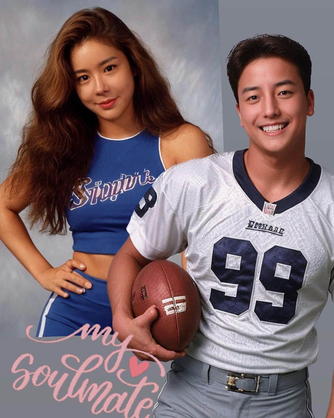 キム・ジュニのインスタグラム：「저는 남편이랑 합성🤣 뭔가 풋볼선수랑 치어리더 둘이 사귀는 느낌🤣 풋풋하네요 진짜 ㅋㅋㅋㅋ  맨투맨 컬러 인기순위 투표 결과 블랙, 핑크 가 공동 1위! 멜란지 슈크림이 공동2위! ㅋㅋ 내일 구매하시는데 참고하세요🙋🏻‍♀️😍」