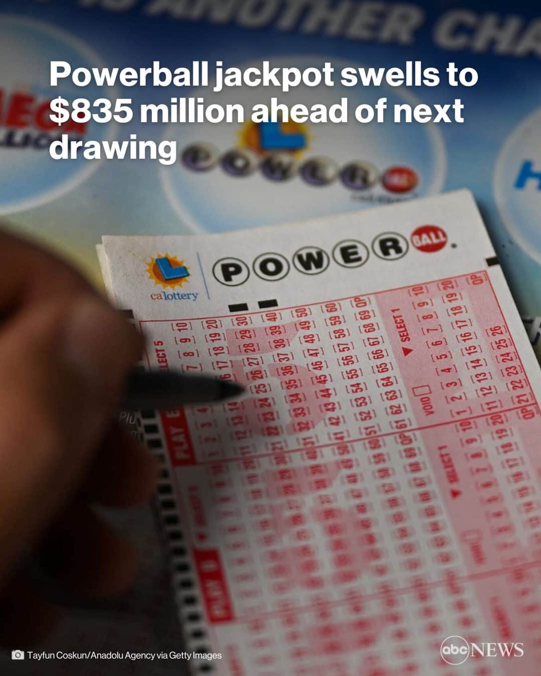 ABC Newsのインスタグラム：「GET LUCKY: An estimated $835 million jackpot is up for grabs in the next Powerball drawing on Wednesday night.  #powerball #lottery #jackpot」