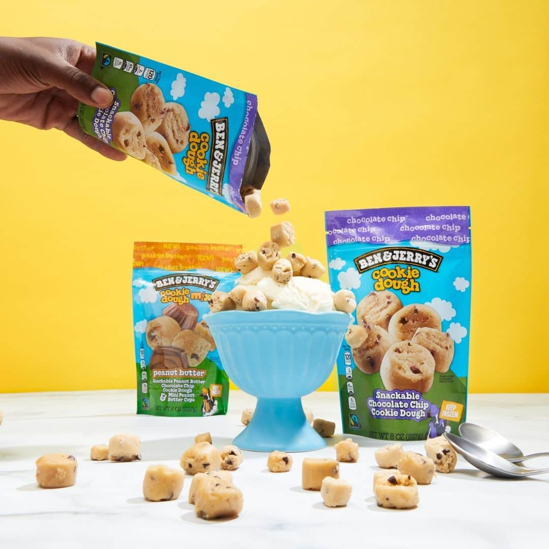 Ben & Jerry'sのインスタグラム：「More dough? We've got that. Top your sundae with snackable Dough Chunks for even more dough-liciosity. 🍪⁠ ⁠ Browse Dough Chunks flavors at the link in our bio!」