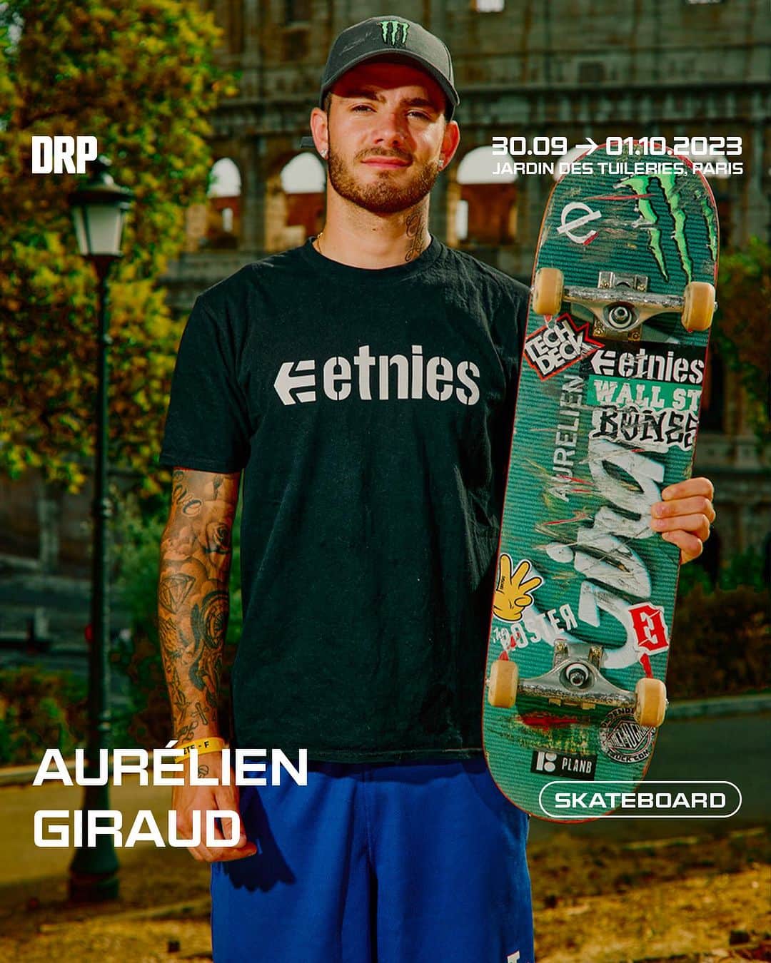 オーレリアン・ジローのインスタグラム：「On a une très très bonne nouvelle pour tous les kiffeurs de skate.   Le champion du monde de skate @aureliengiraud fait son entrée sur le @drp_paris Festival le 30 septembre au Monster Game of skate pour notre et votre plus grand plaisir.   S/o @monsterenergy, @etniesskateboarding, @planbofficial, @independenttrucks & @boneswheels」