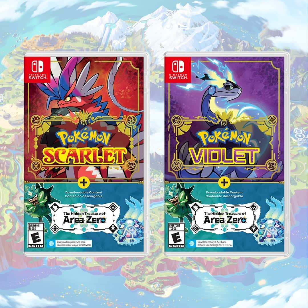のインスタグラム：「Pokémon™ Scarlet or Pokémon™ Violet bundles including The Hidden Treasure of Area Zero DLC are slated for release on Friday, November 3.  These bundles include the original and expanded adventures of #PokemonScarletViolet ❤️💜 together in one package!」