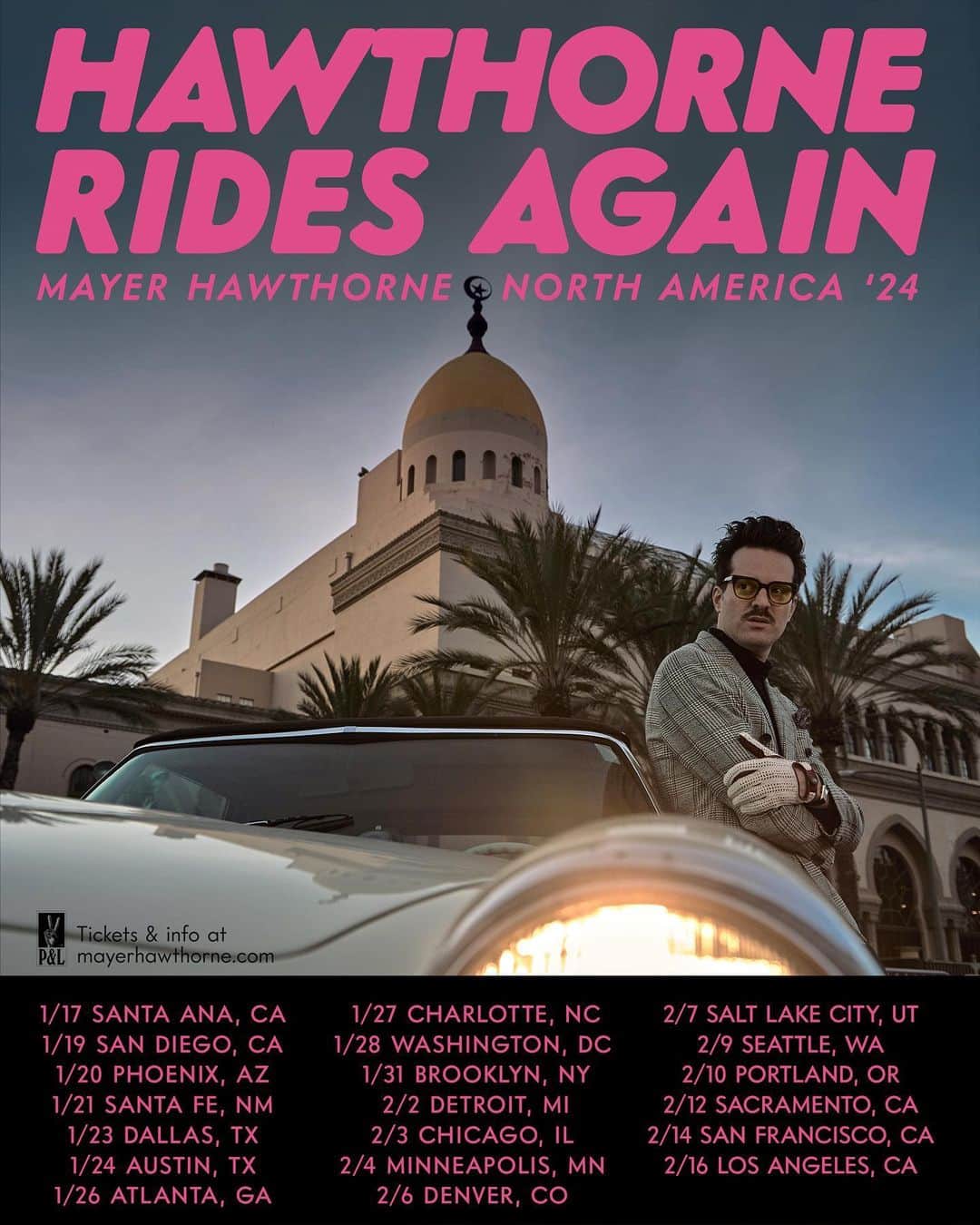 メイヤー・ホーソーンのインスタグラム：「HAWTHORNE RIDES AGAIN!!! Tickets on sale Friday! Limited Presale Wednesday: sign up at mayerhawthorne.com/tour to get the code 🎟️ Can’t wait to sing for you sexy mfs!!! Comment your city!」