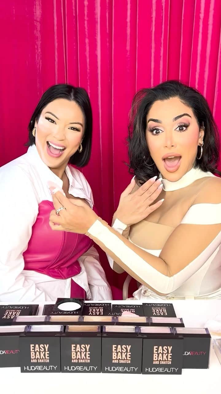 Huda Kattanのインスタグラム：「Getting glam and getting snatched with the one and only @glamzilla! We’re using our new Easy Bake And Snatch Pressed Powder to get that targeted snatch in seconds thanks to its pigmented & super brightening formula.   Have you guys tried it yet?」