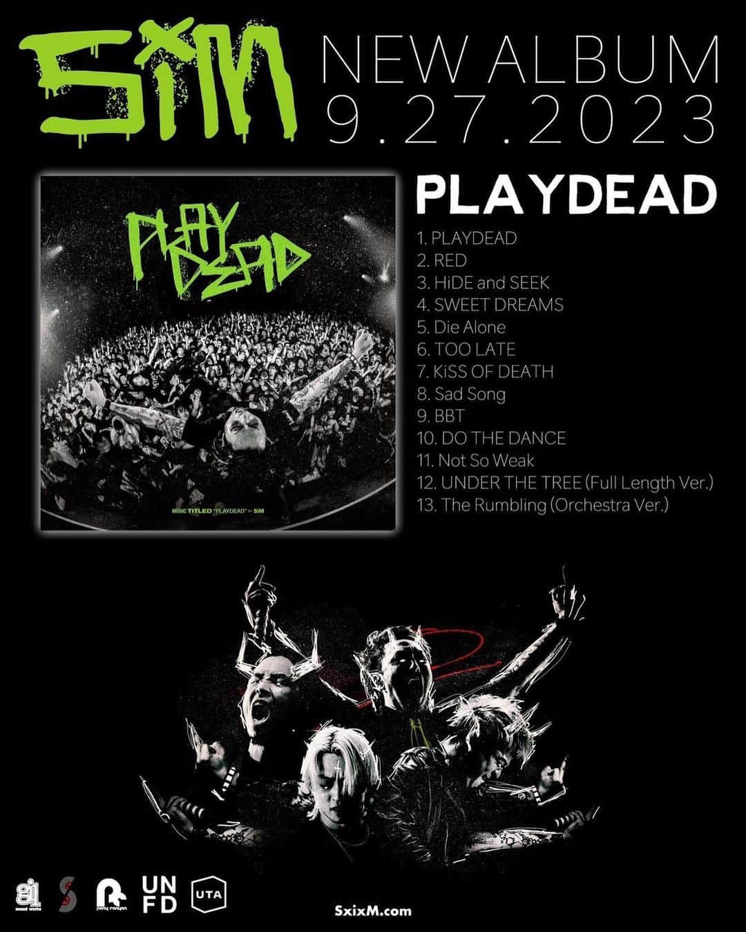SiMのインスタグラム：「【PLAYDEAD】 SiMの最新アルバム『PLAYDEAD』音楽配信サイトにて配信中！！  Our New Album “PLAYDEAD” is available at 12AM on September 27 local time!!  ▼Streaming / DL  https://lnk.to/playdead  01. PLAYDEAD 02. RED 03. HiDE and SEEK 04. SWEET DREAMS 05. Die Alone 06. TOO LATE 07. KiSS OF DEATH 08. Sad Song 09. BBT 10. DO THE DANCE 11. Not So Weak 12. UNDER THE TREE (Full Length Ver.) 13. The Rumbling (Orchestra Ver.)  https://sim.komi.io/  #SiM #SiM6th #PLAYDEAD」